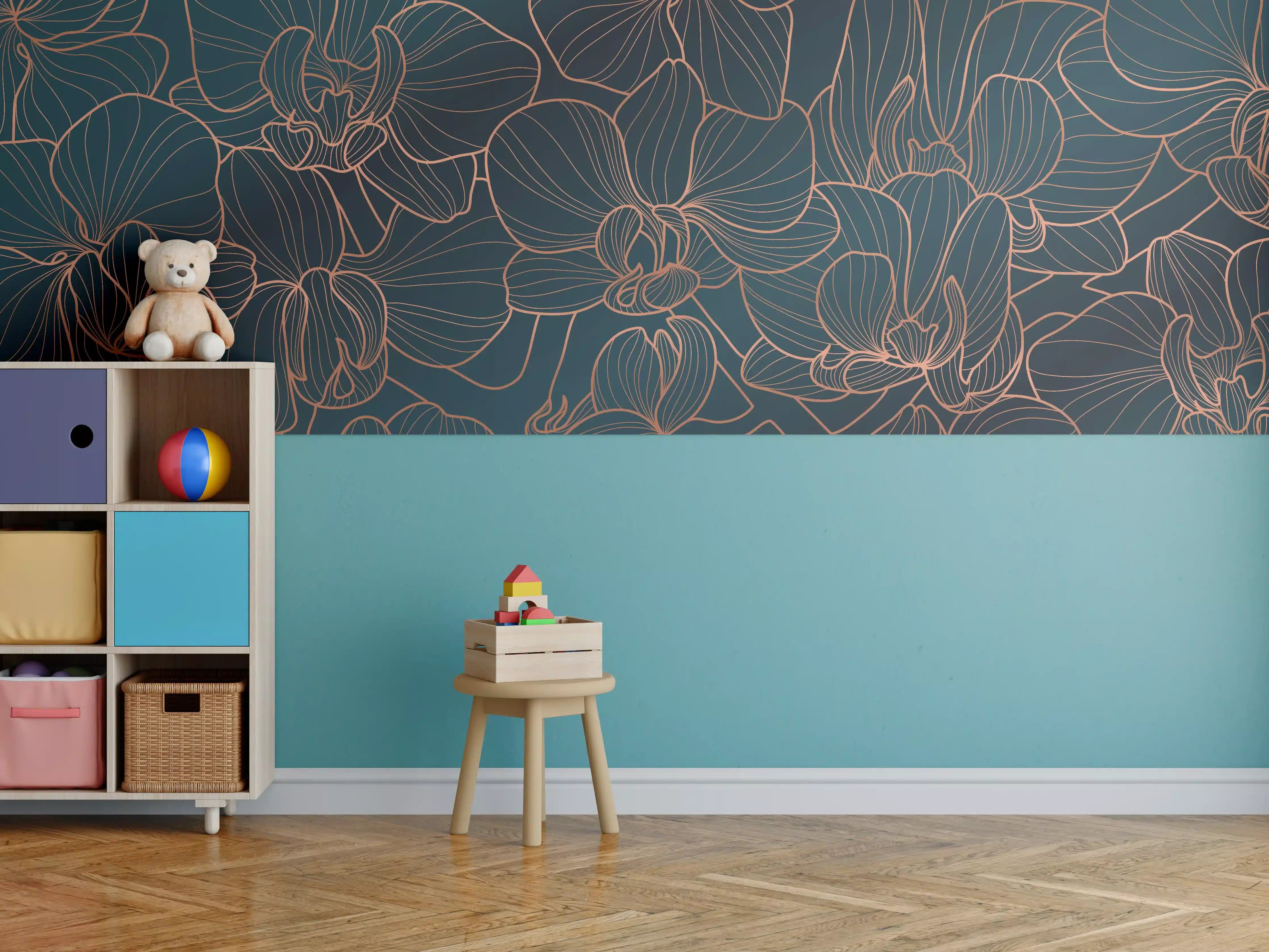 Kinderzimmer Wandgestaltung - Dunkelblaue Floral Linien Kunst
