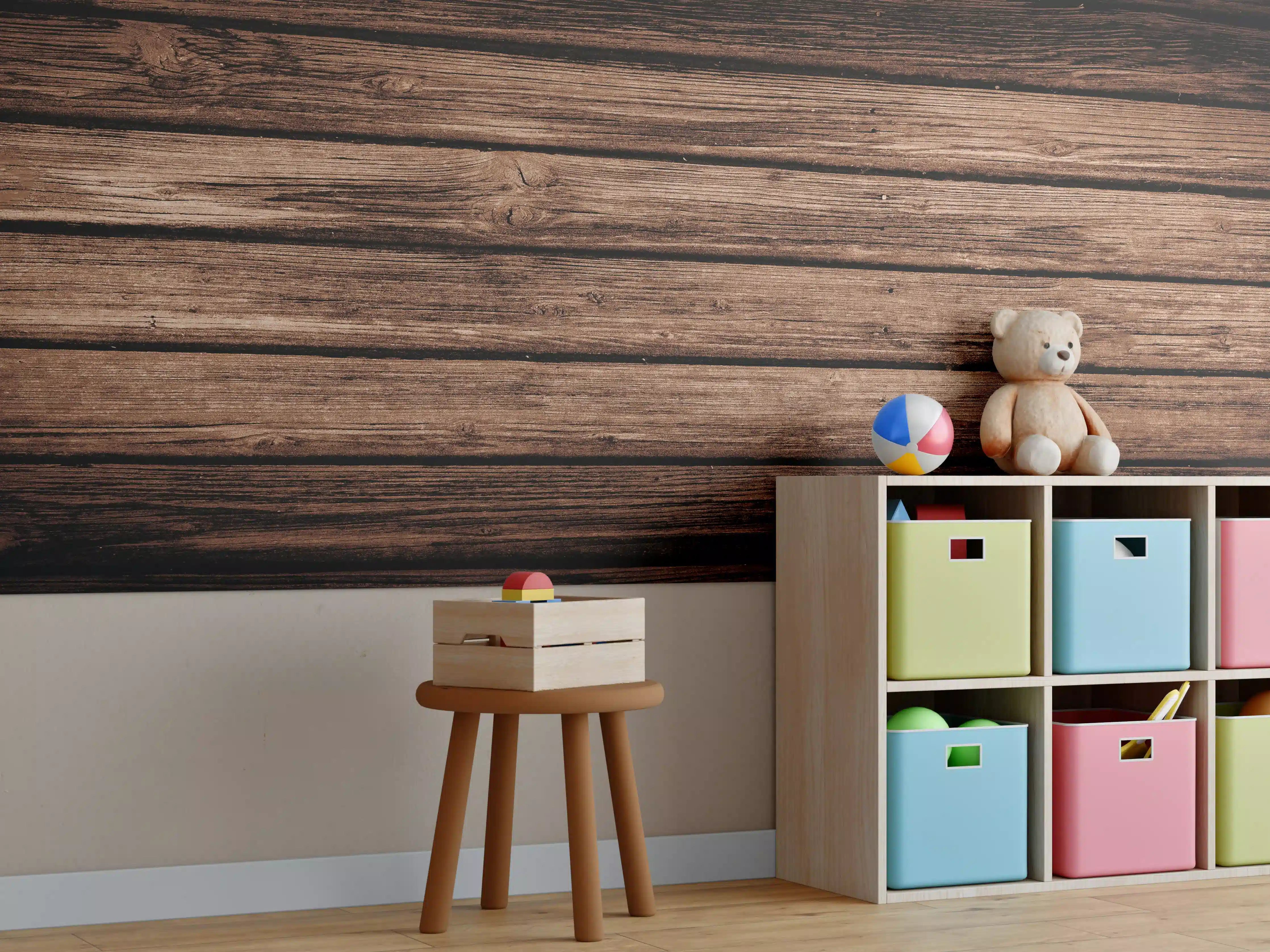 Kinderzimmer Wandgestaltung - Dunkelbraun-rustikale Holzplanken