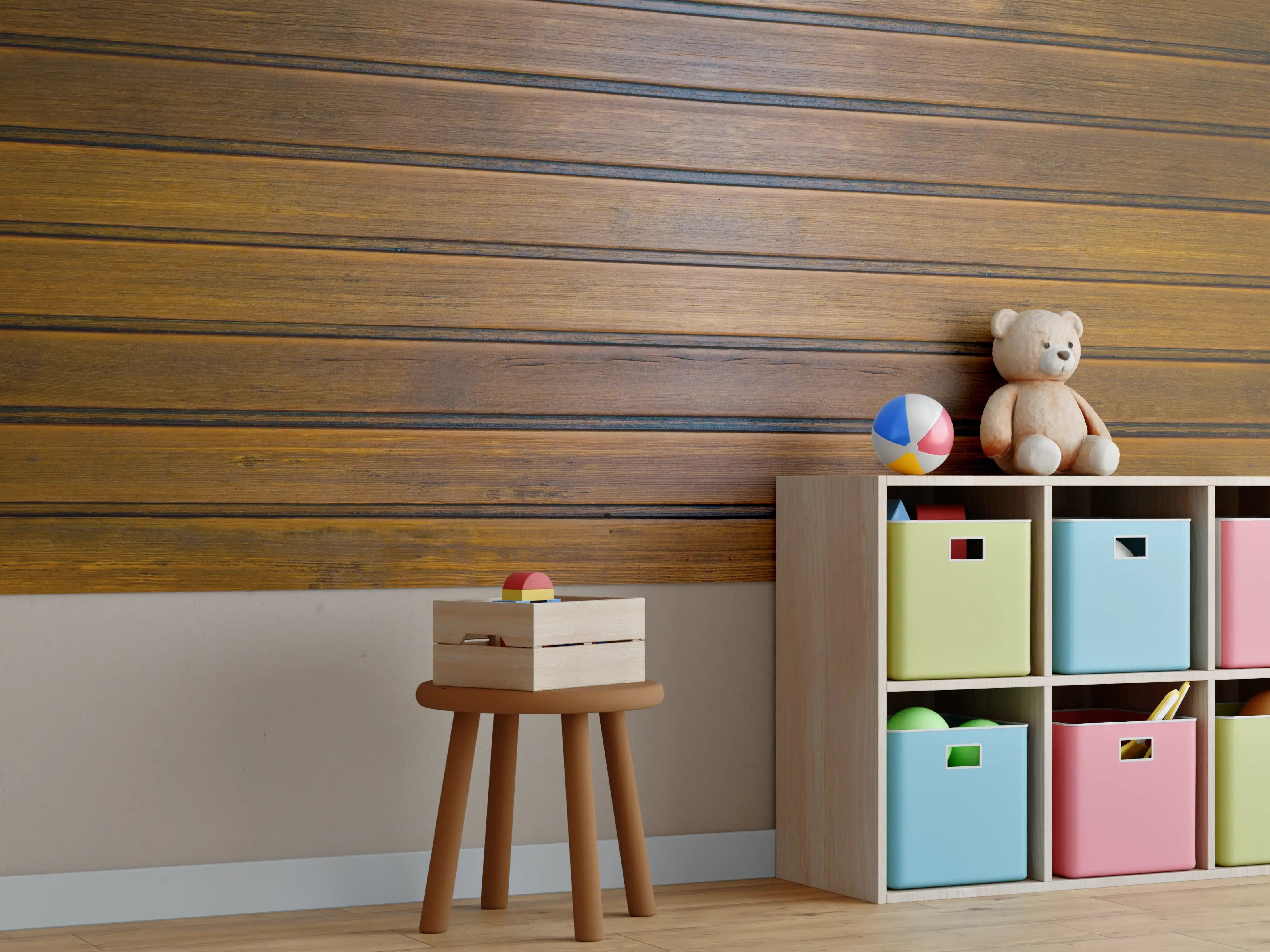 Kinderzimmer Wandgestaltung - Dunkelbraune glänzende Holztextur