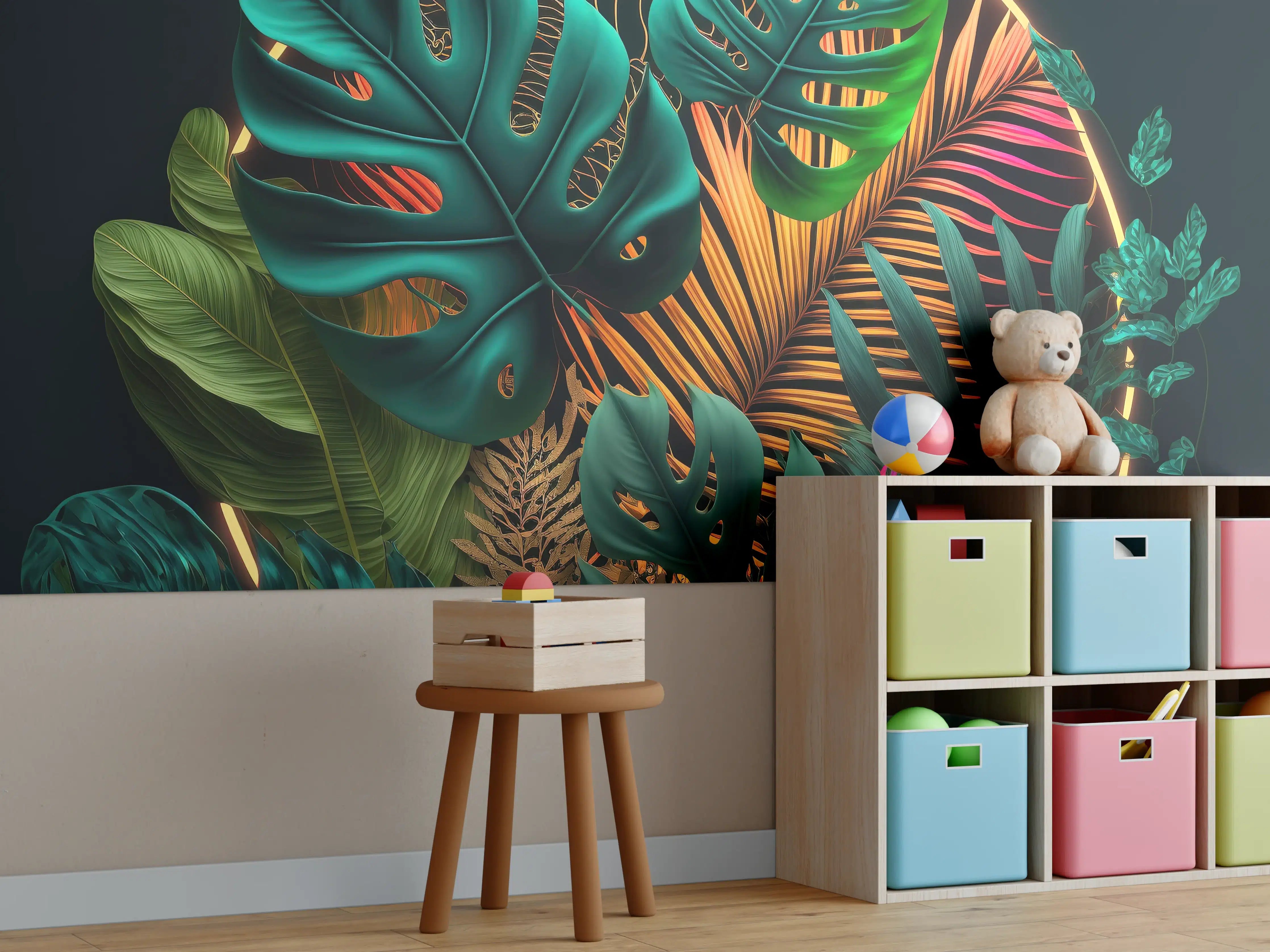 Kinderzimmer Wandgestaltung - Dunkelgrüne tropische Blätter buntes Neonlicht