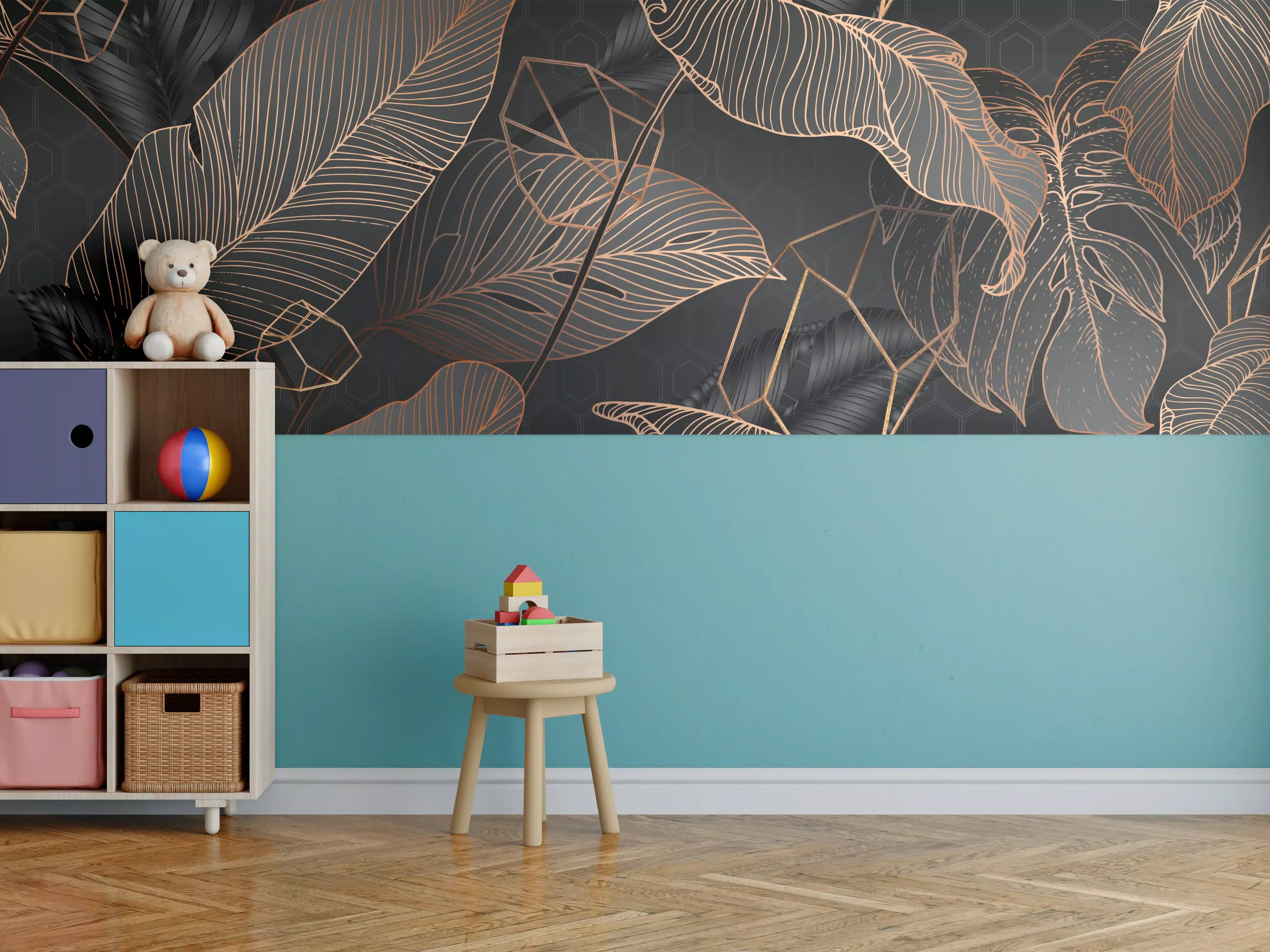 Kinderzimmer Wandgestaltung - Dunkle Blätter mit goldenen Linien