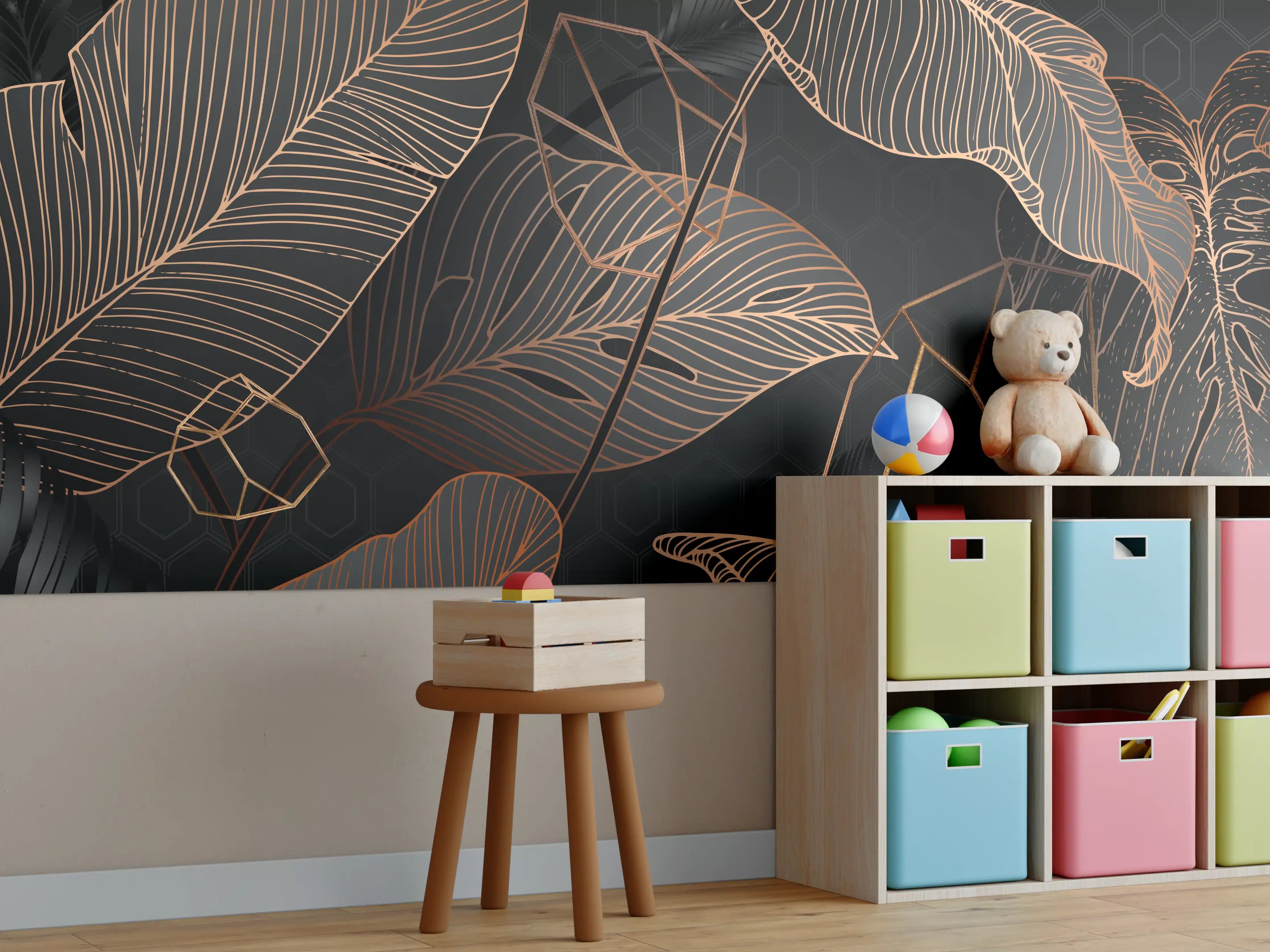Kinderzimmer Wandgestaltung - Dunkle Blätter mit goldenen Linien