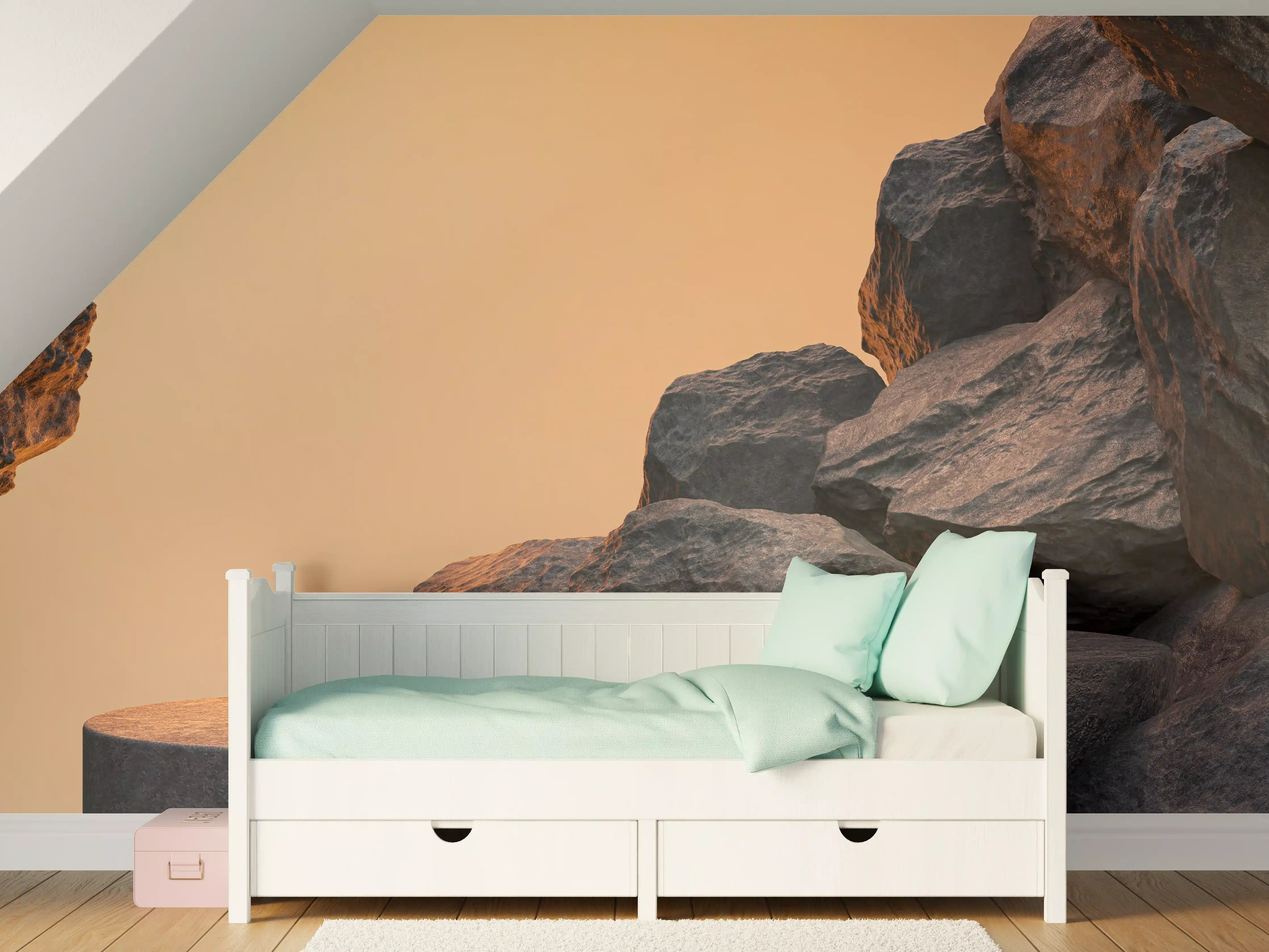 Kinderzimmer Wandgestaltung - Dunkle Felsenlandschaft bei Sonnenuntergang