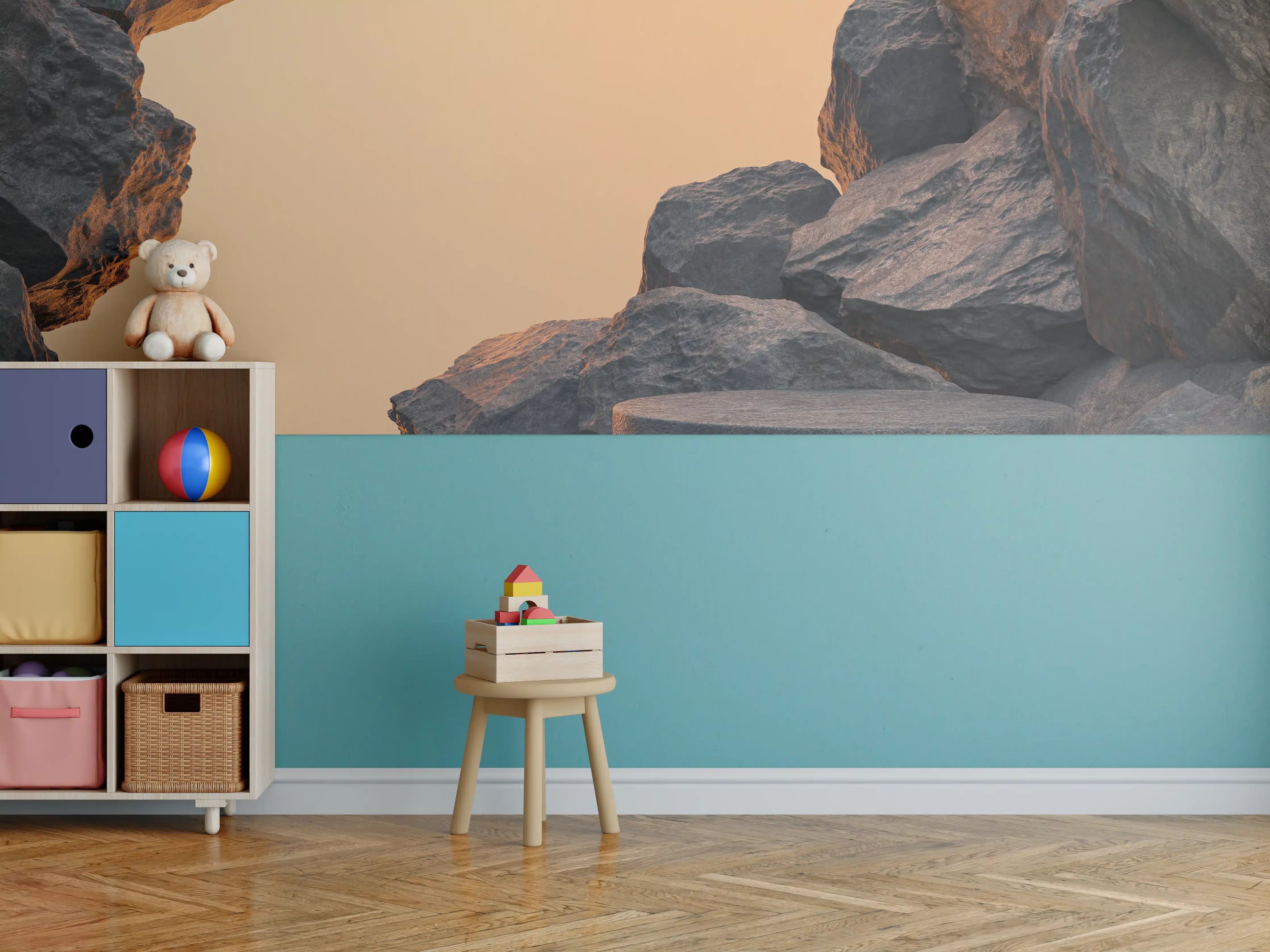 Kinderzimmer Wandgestaltung - Dunkle Felsenlandschaft bei Sonnenuntergang