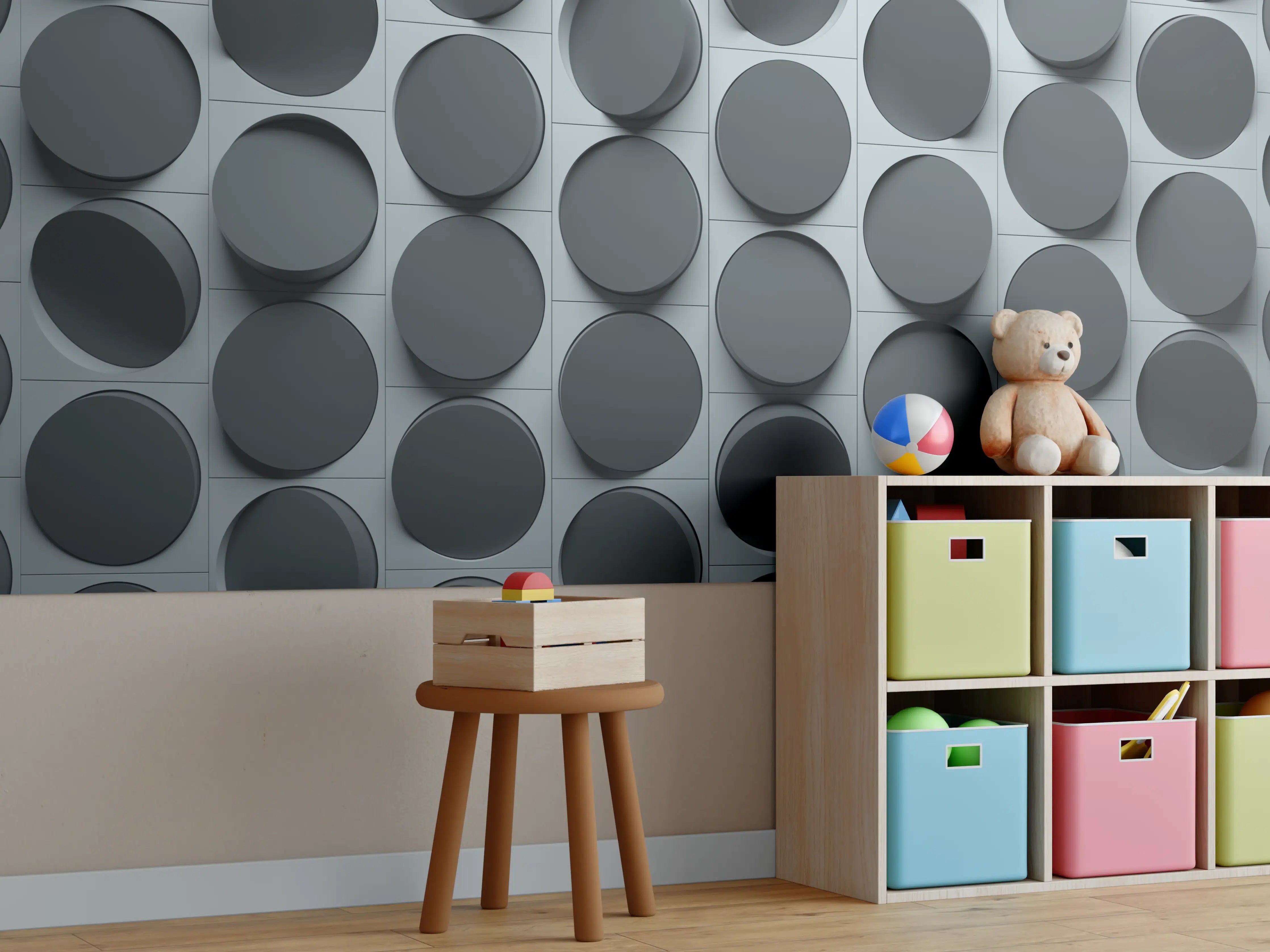 Kinderzimmer Wandgestaltung - Dunkle Grautöne mit abstehenden runden Elementen