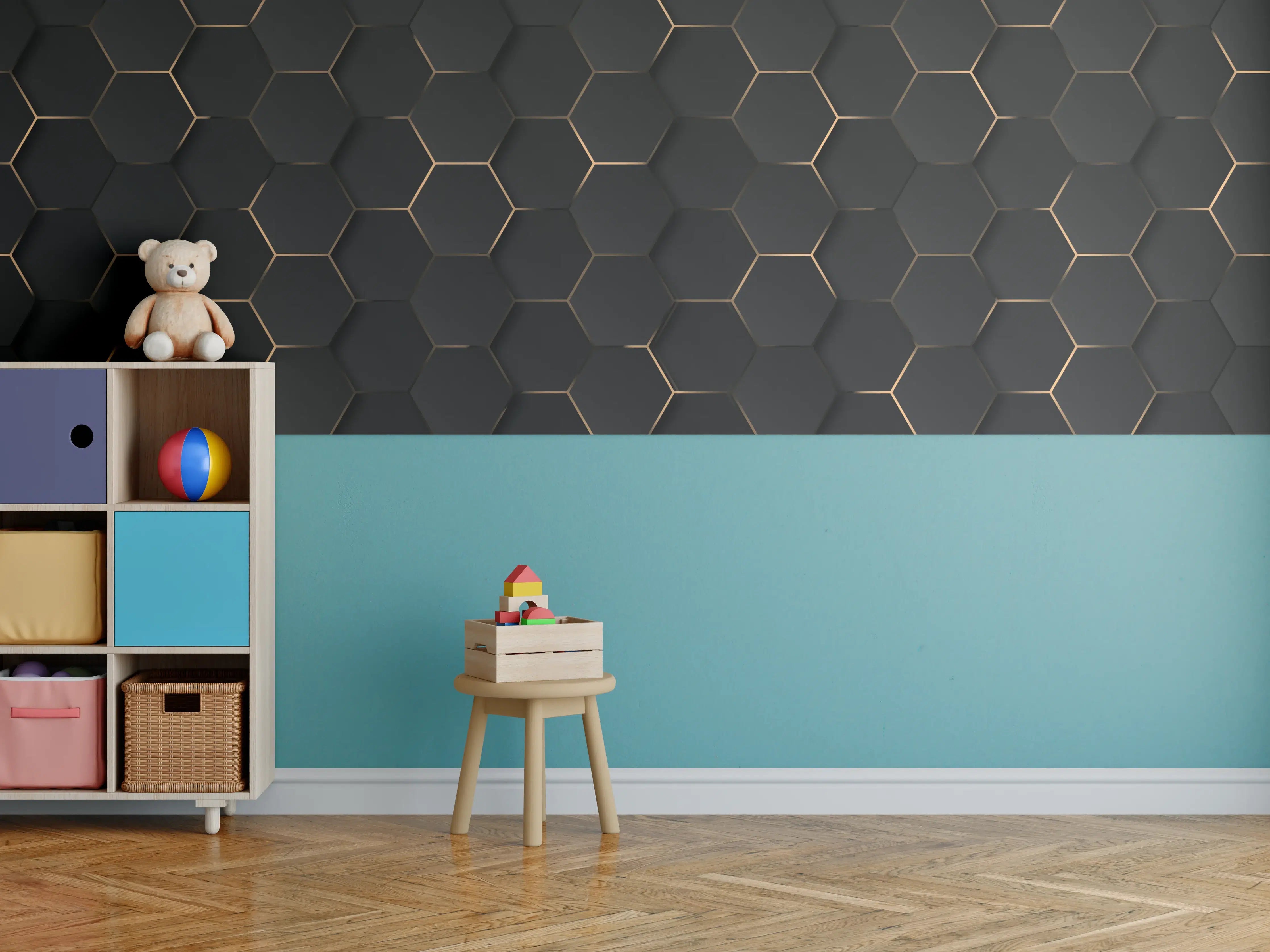Kinderzimmer Wandgestaltung - Dunkle Hexagon-Musterwand