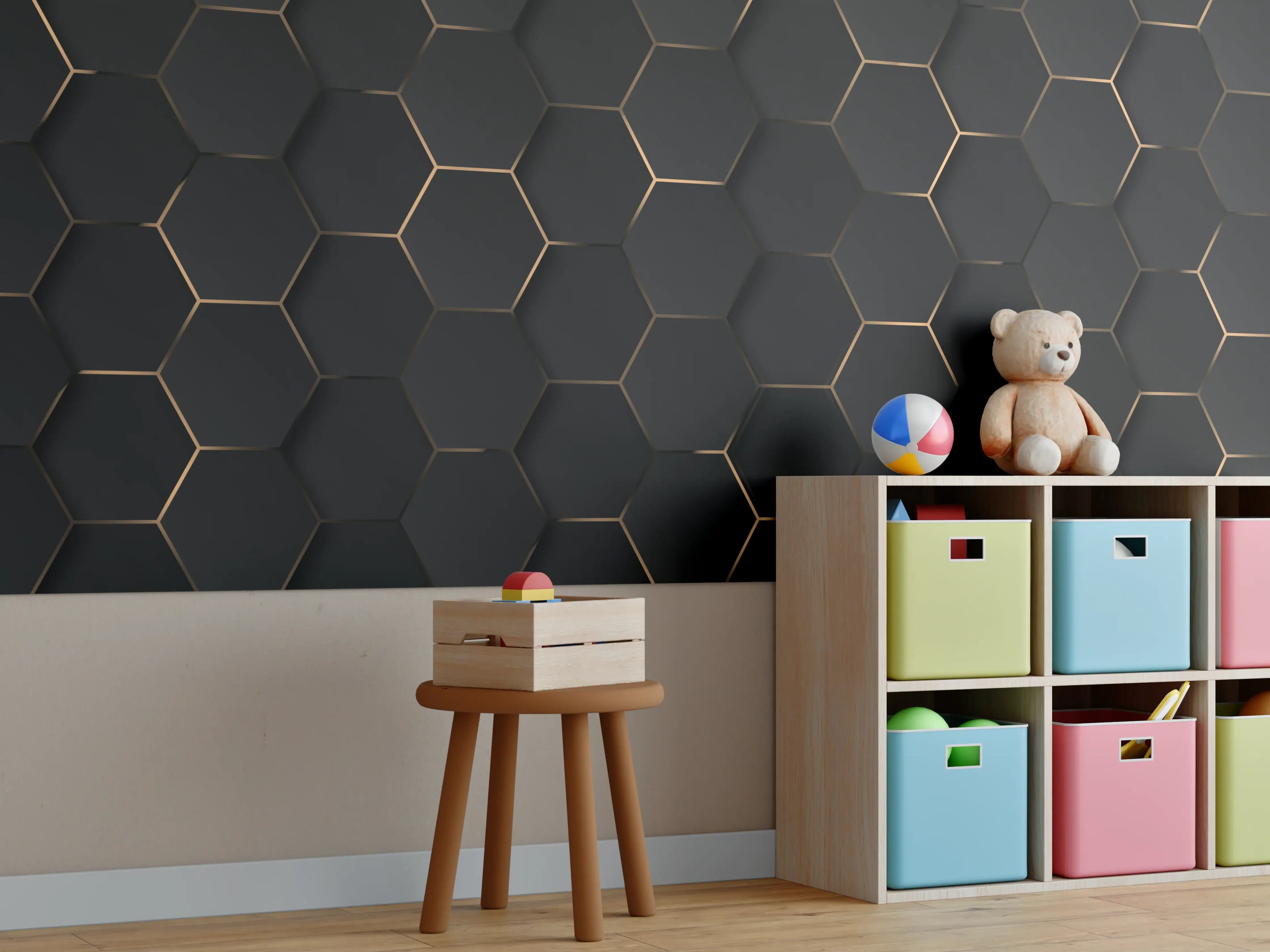 Kinderzimmer Wandgestaltung - Dunkle Hexagon-Musterwand
