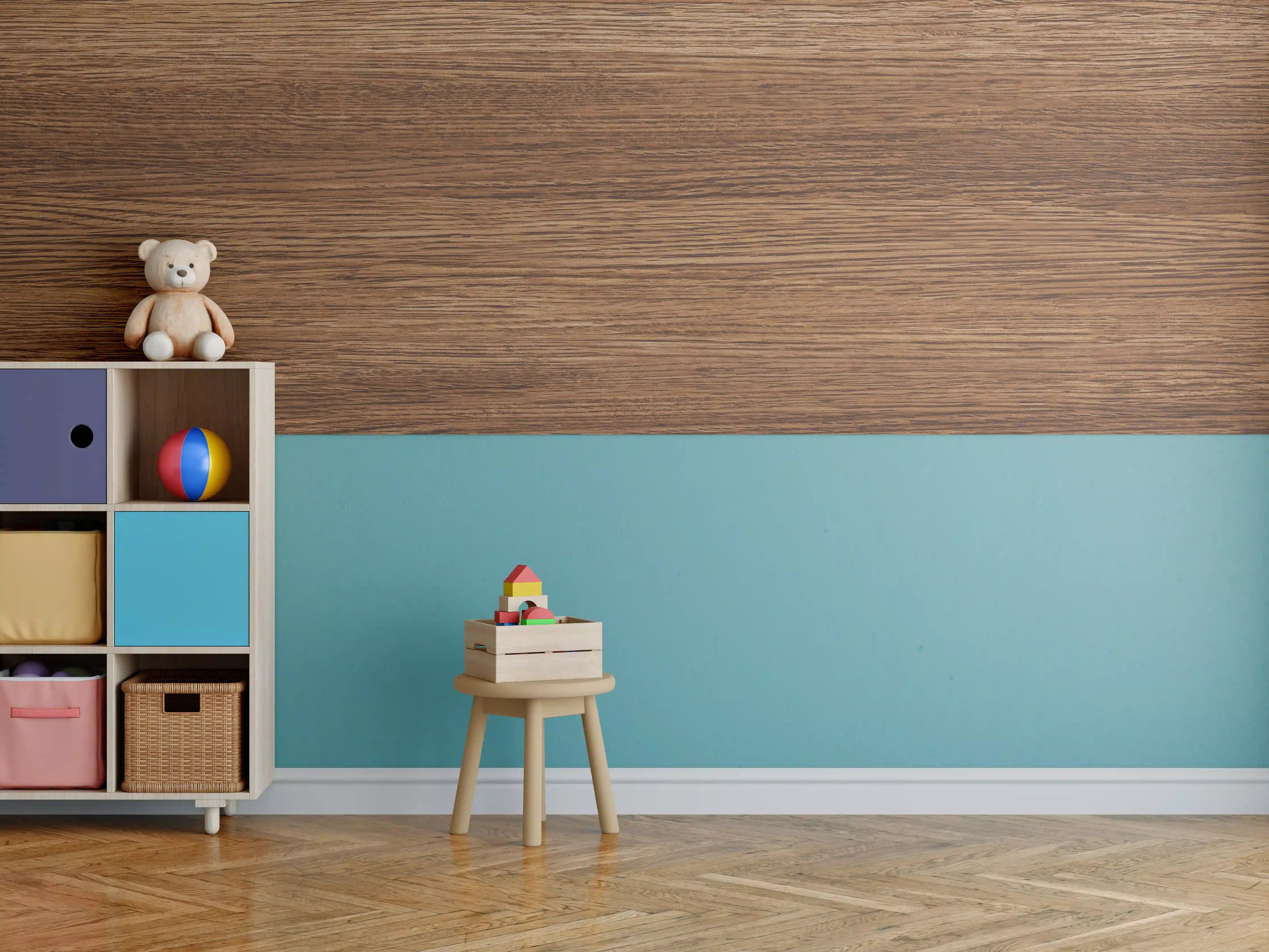 Kinderzimmer Wandgestaltung - Dunkle Holzwand mit Streifenmuster