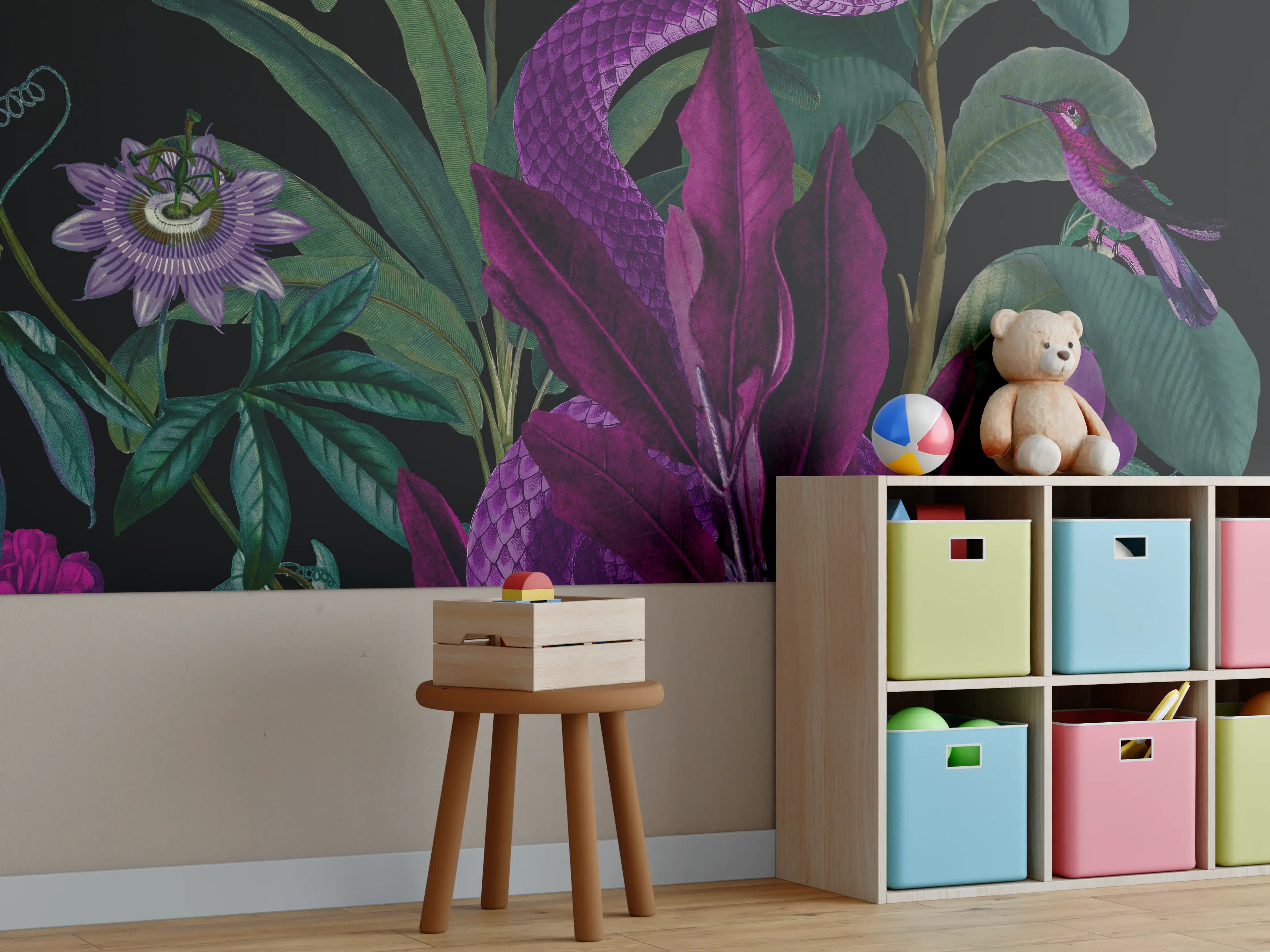 Kinderzimmer Wandgestaltung - Dunkler Dschungel-Schlangen-Print