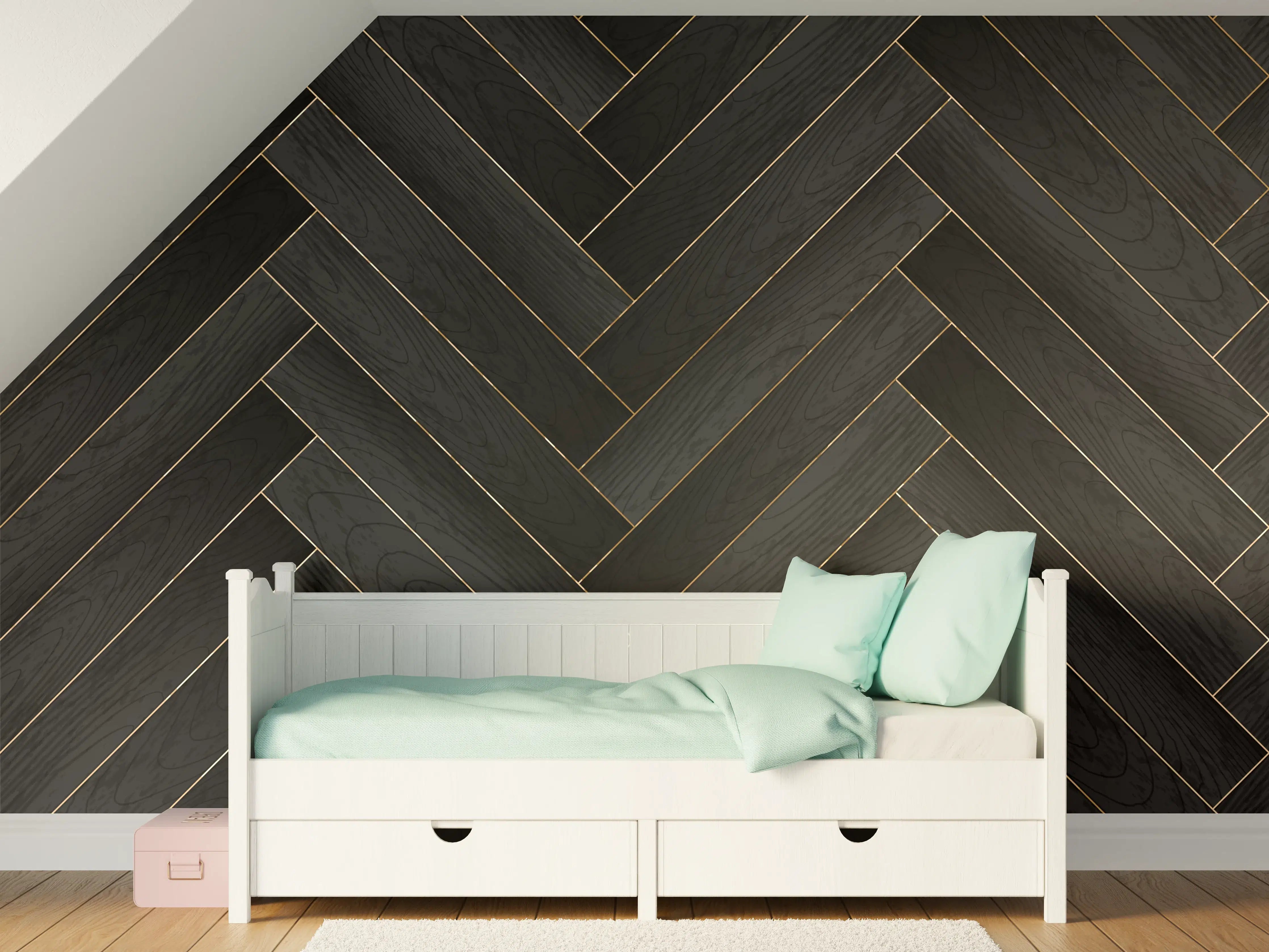 Kinderzimmer Wandgestaltung - Dunkles Fischgrät Holzparkett