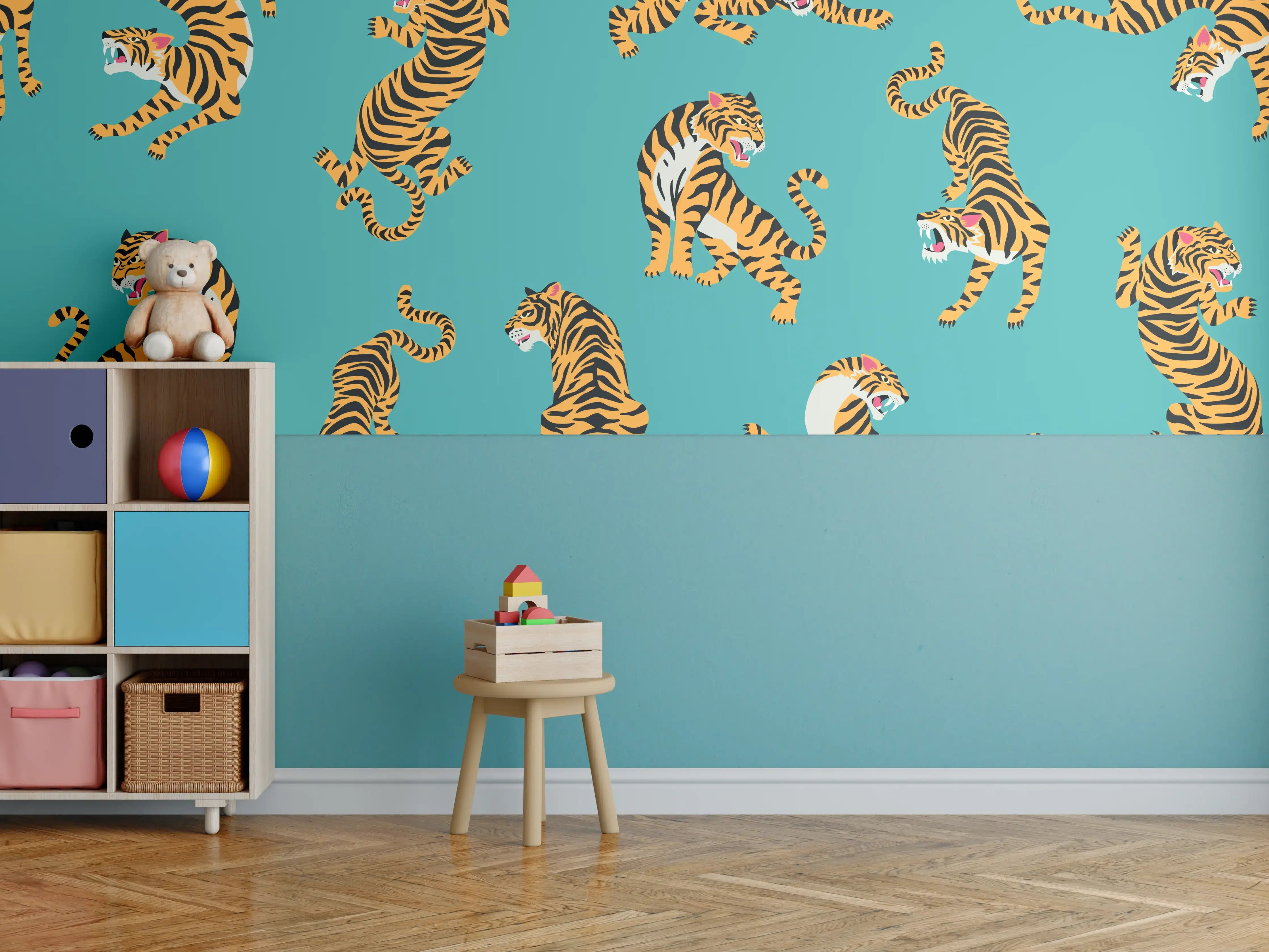 Kinderzimmer Wandgestaltung - Dynamische Tiger-Illustration auf Türkis