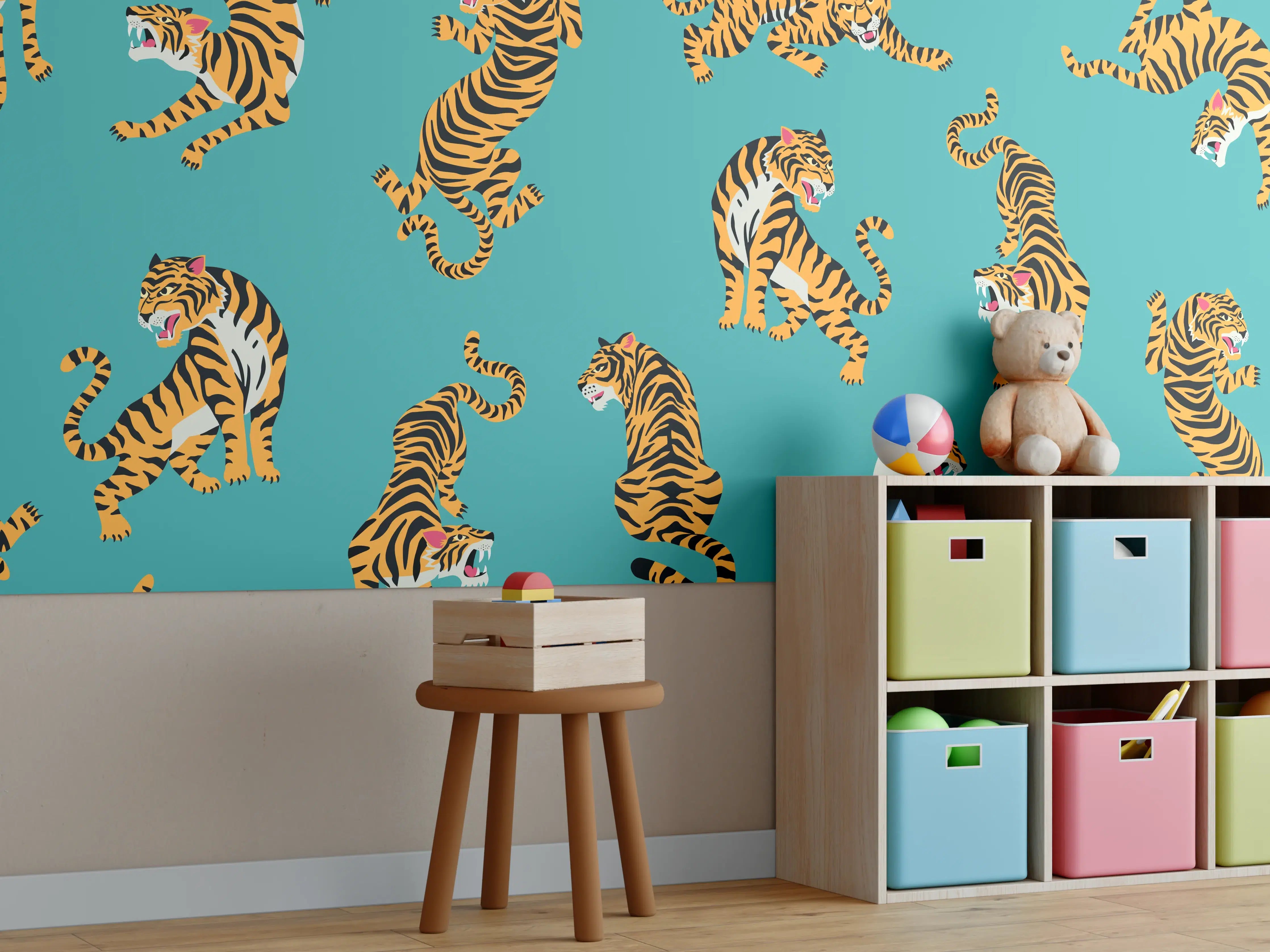 Kinderzimmer Wandgestaltung - Dynamische Tiger-Illustration auf Türkis