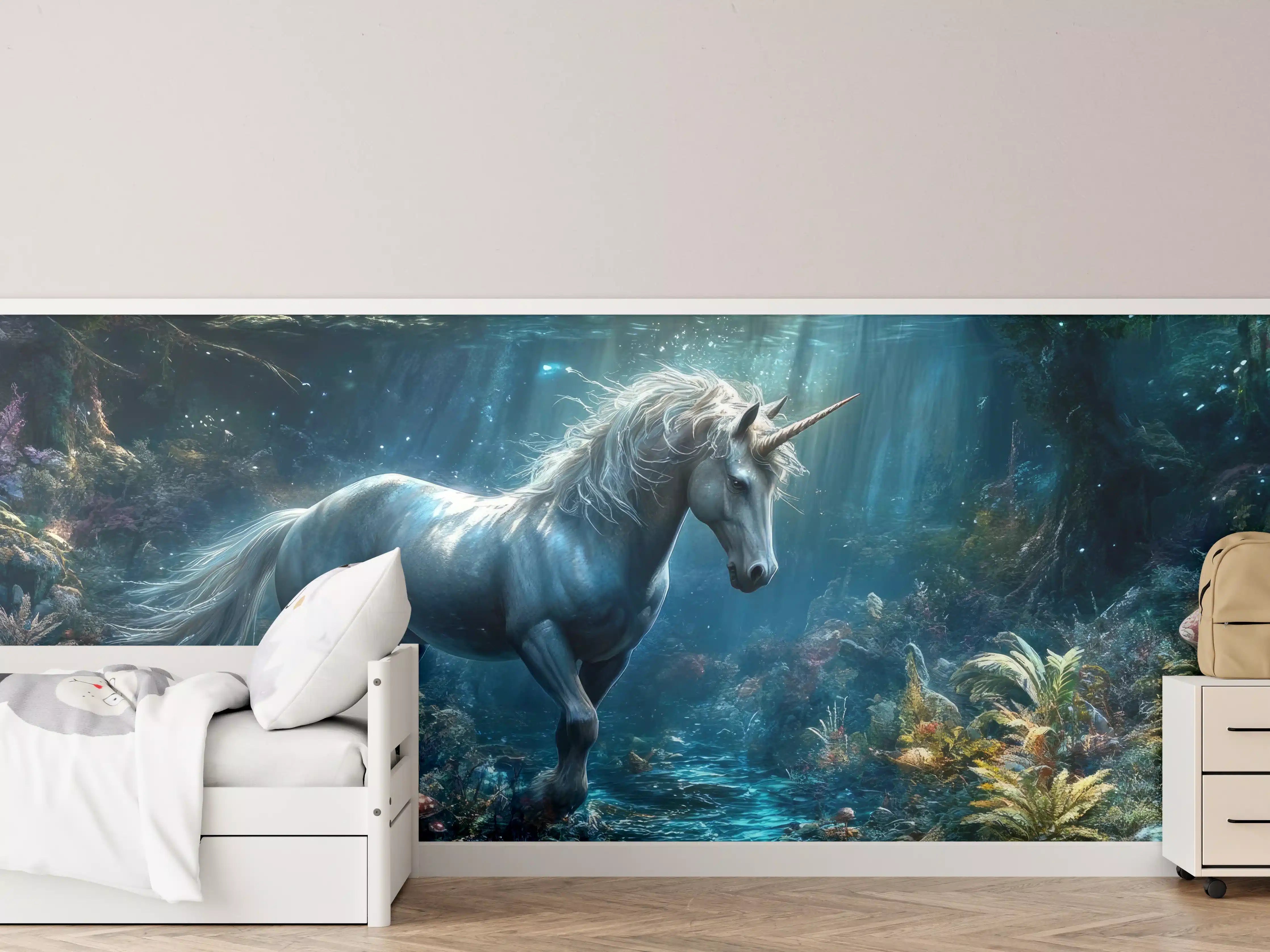 Kinderzimmer Wandgestaltung - Einhorn in mystischem Wald