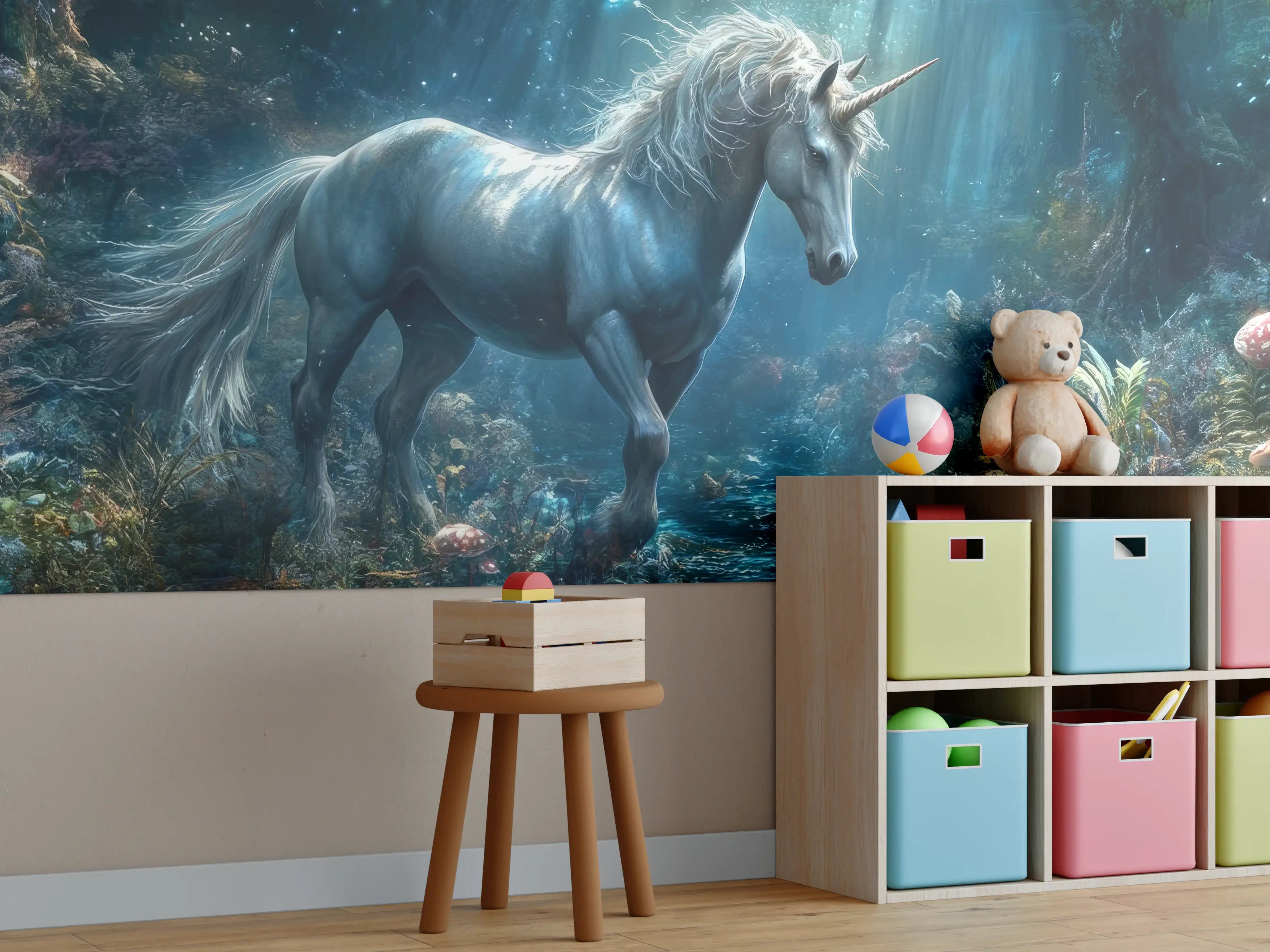 Kinderzimmer Wandgestaltung - Einhorn in mystischem Wald