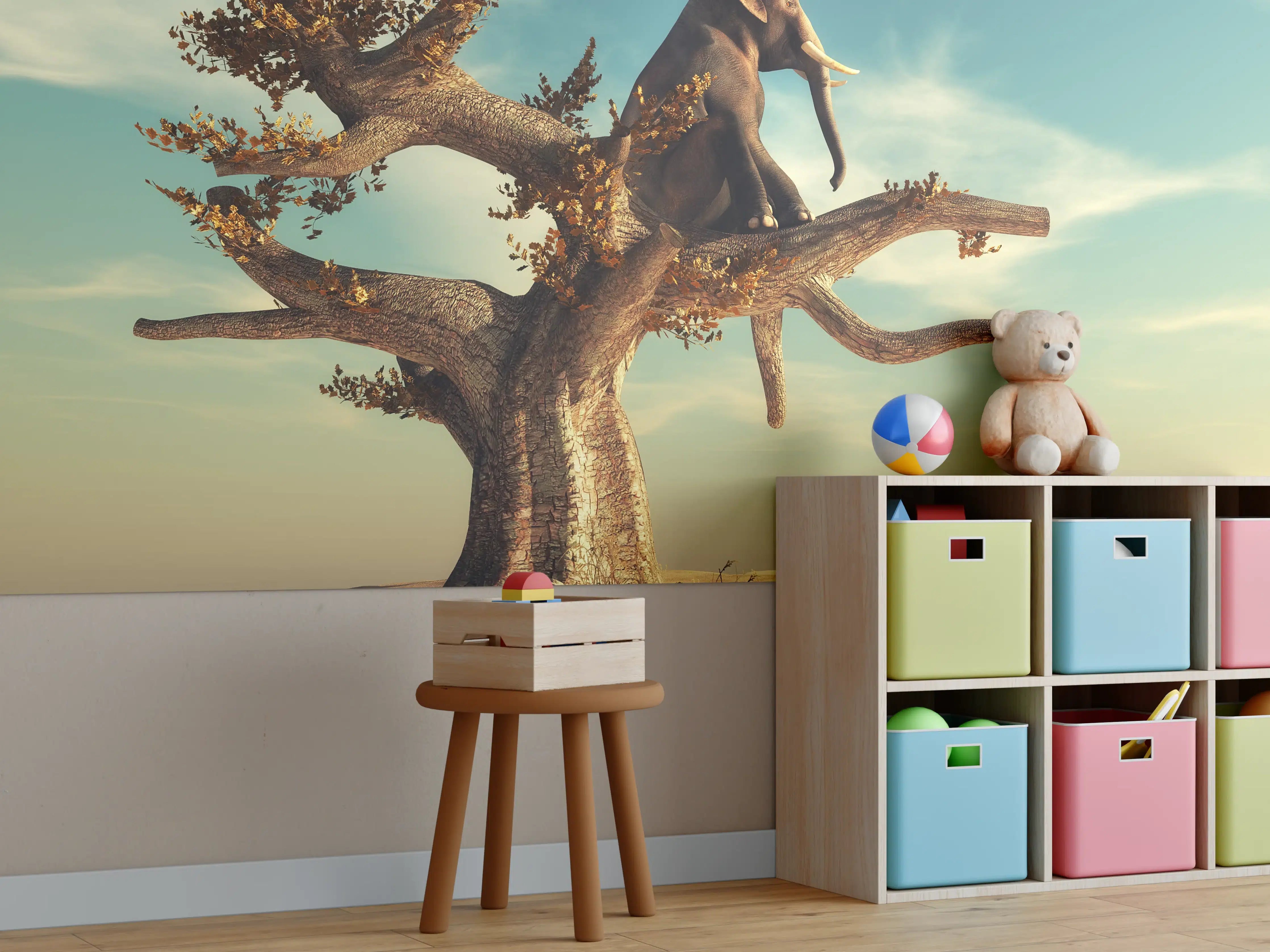 Kinderzimmer Wandgestaltung - Einsame Elefanten im Sonnenuntergang, warme Töne