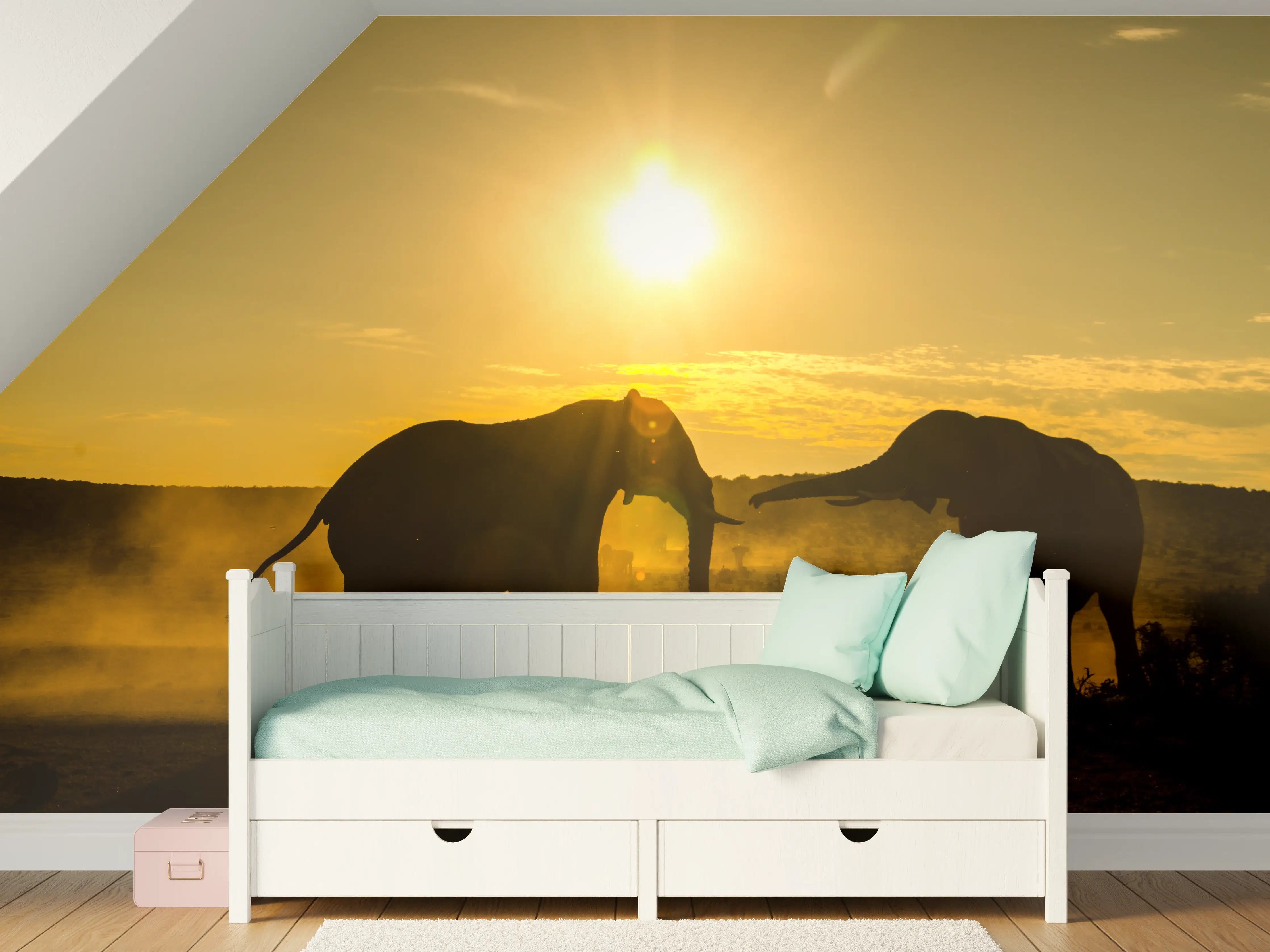 Kinderzimmer Wandgestaltung - Elefanten bei Sonnenuntergang