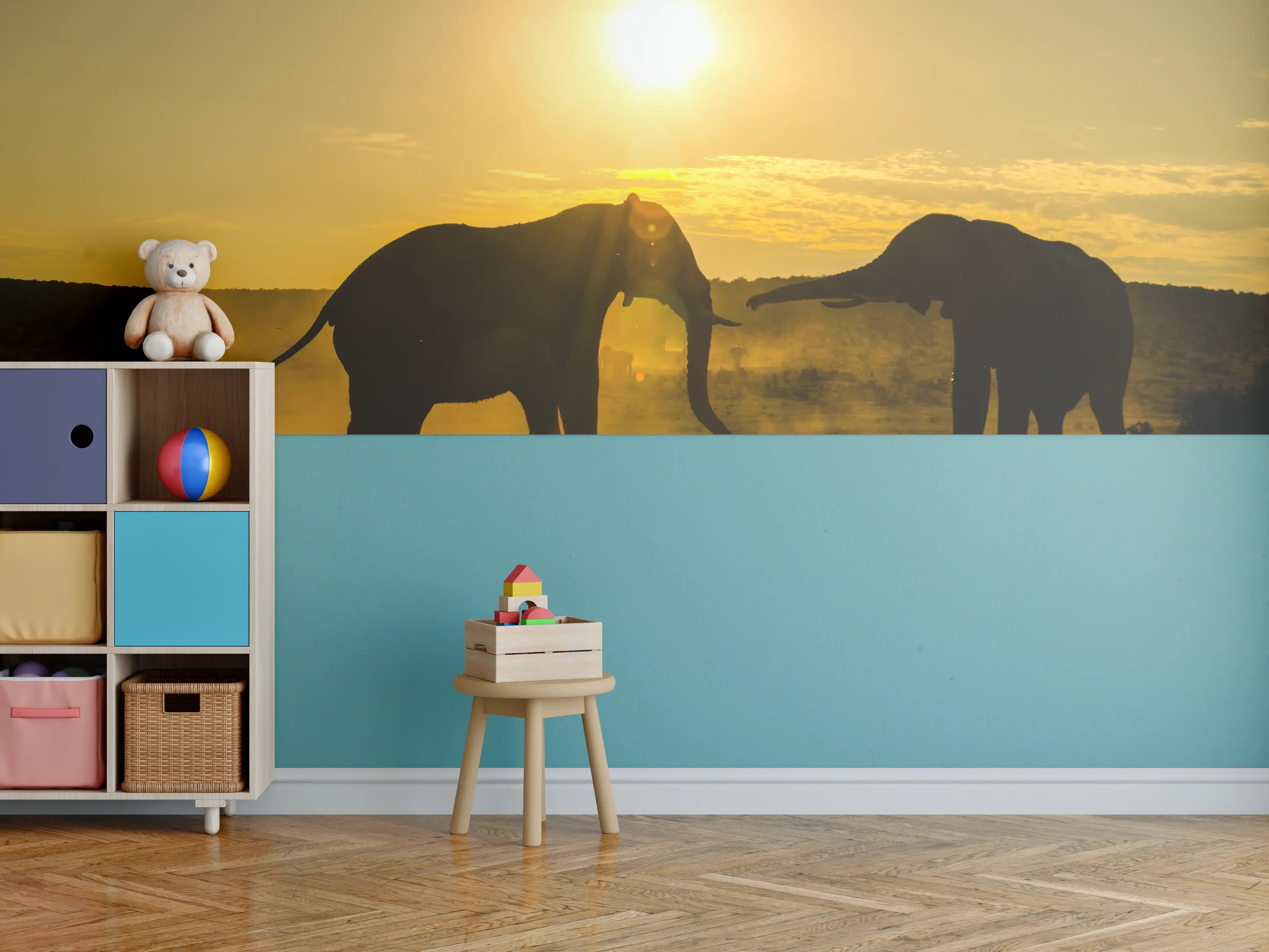 Kinderzimmer Wandgestaltung - Elefanten bei Sonnenuntergang
