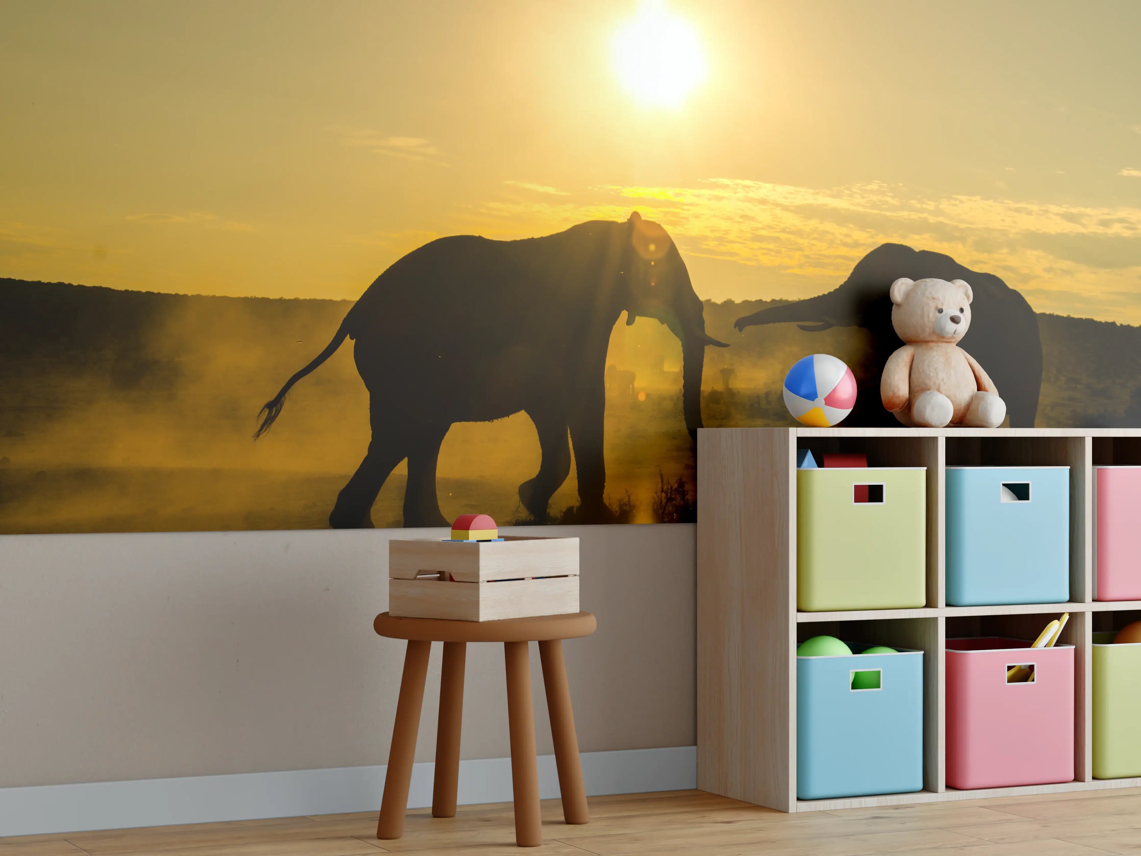 Kinderzimmer Wandgestaltung - Elefanten bei Sonnenuntergang