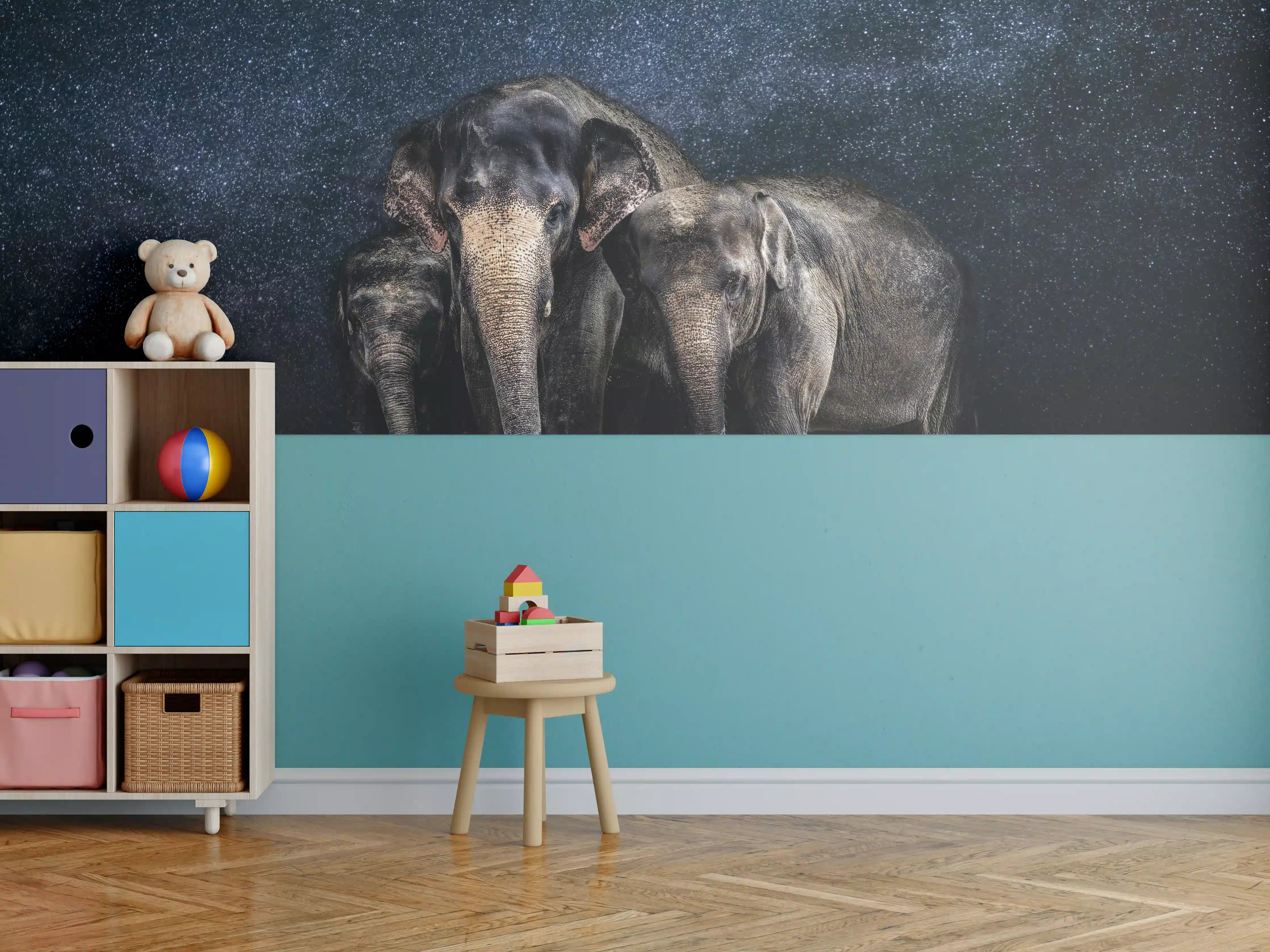 Kinderzimmer Wandgestaltung - Elefantenfamilie zwischen den Sternen