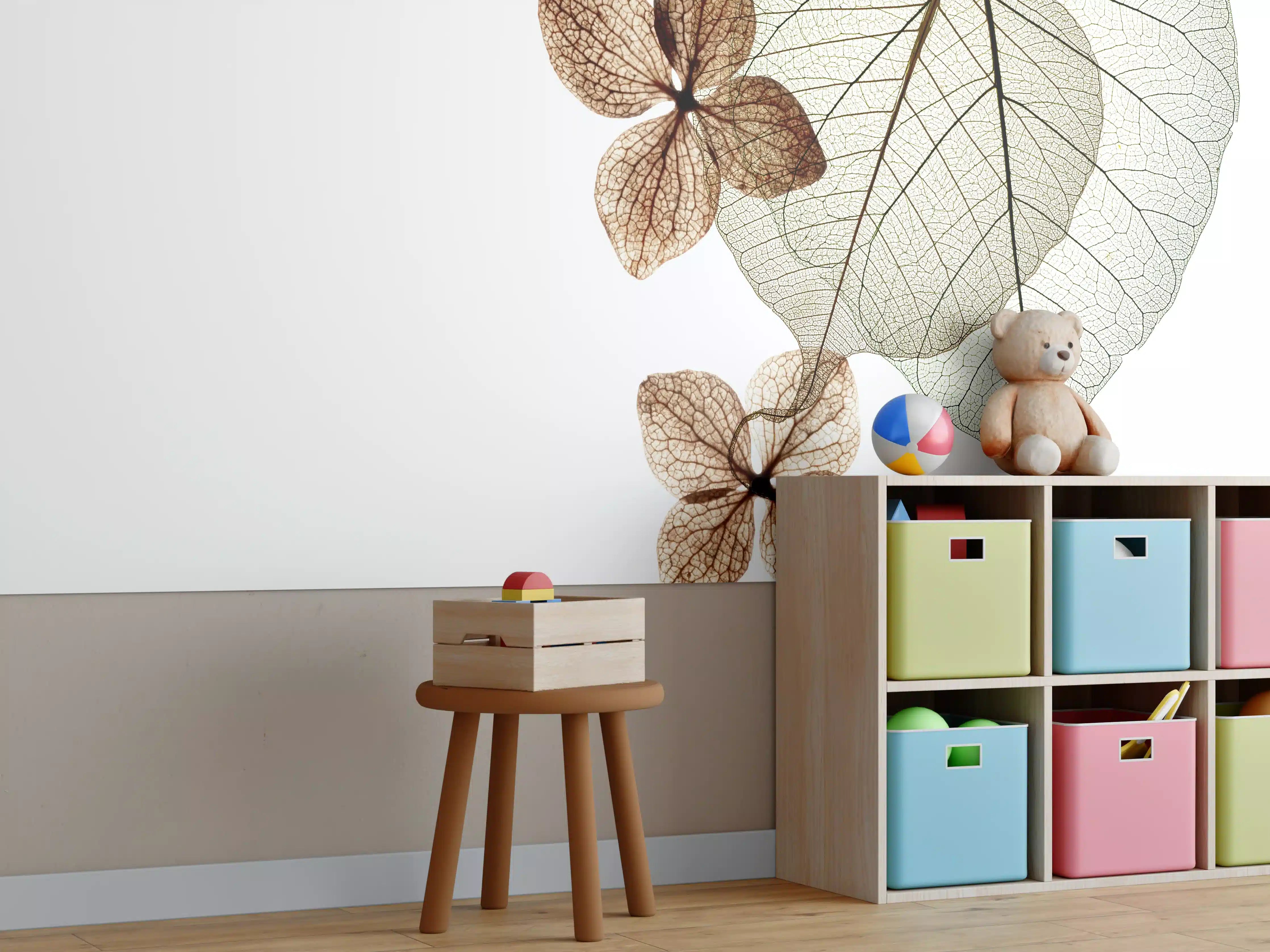 Kinderzimmer Wandgestaltung - Elegante Blattadern in Weiß-Grau