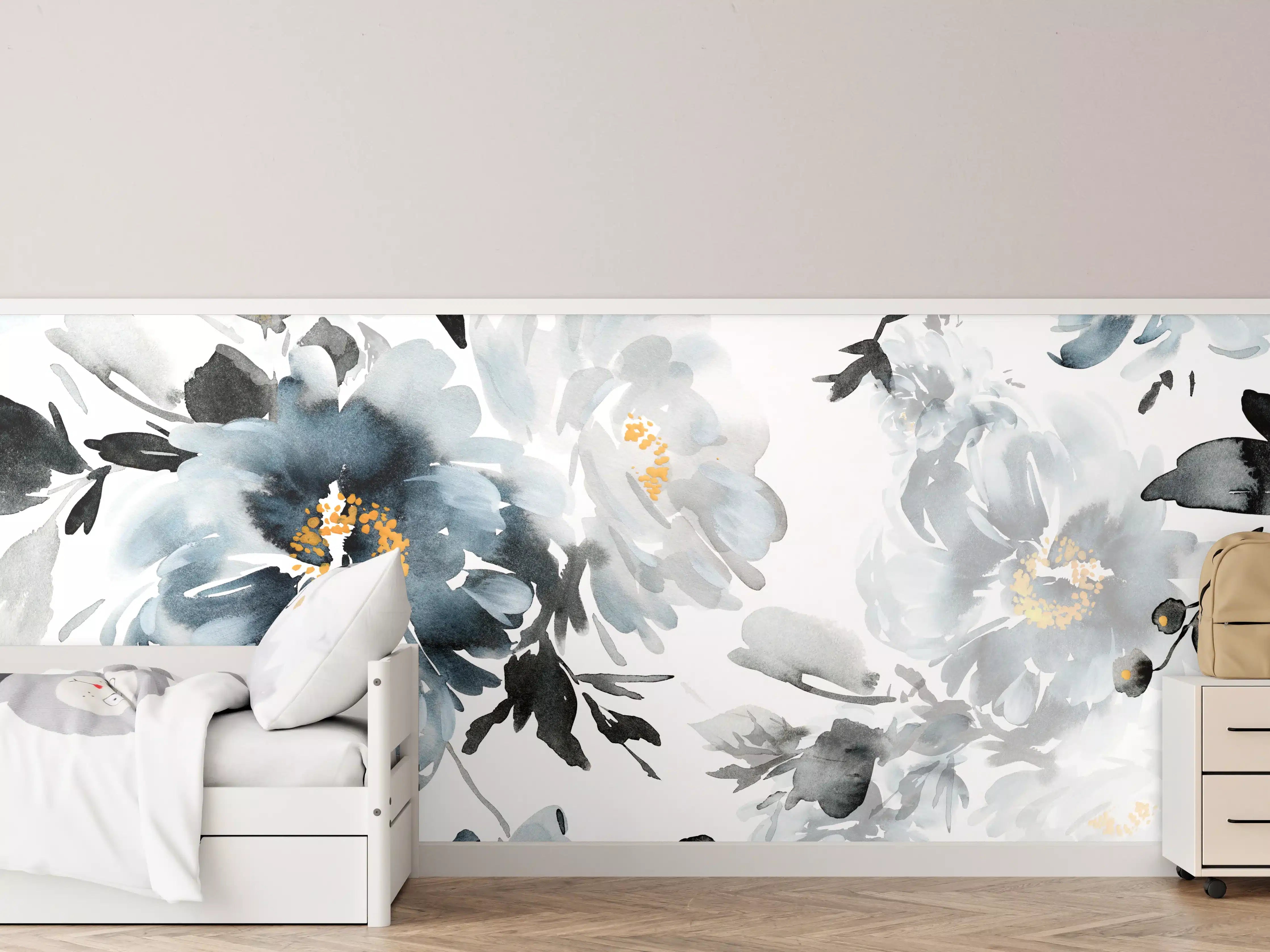 Kinderzimmer Wandgestaltung - Elegante Blaue Blumen Wandgestaltung