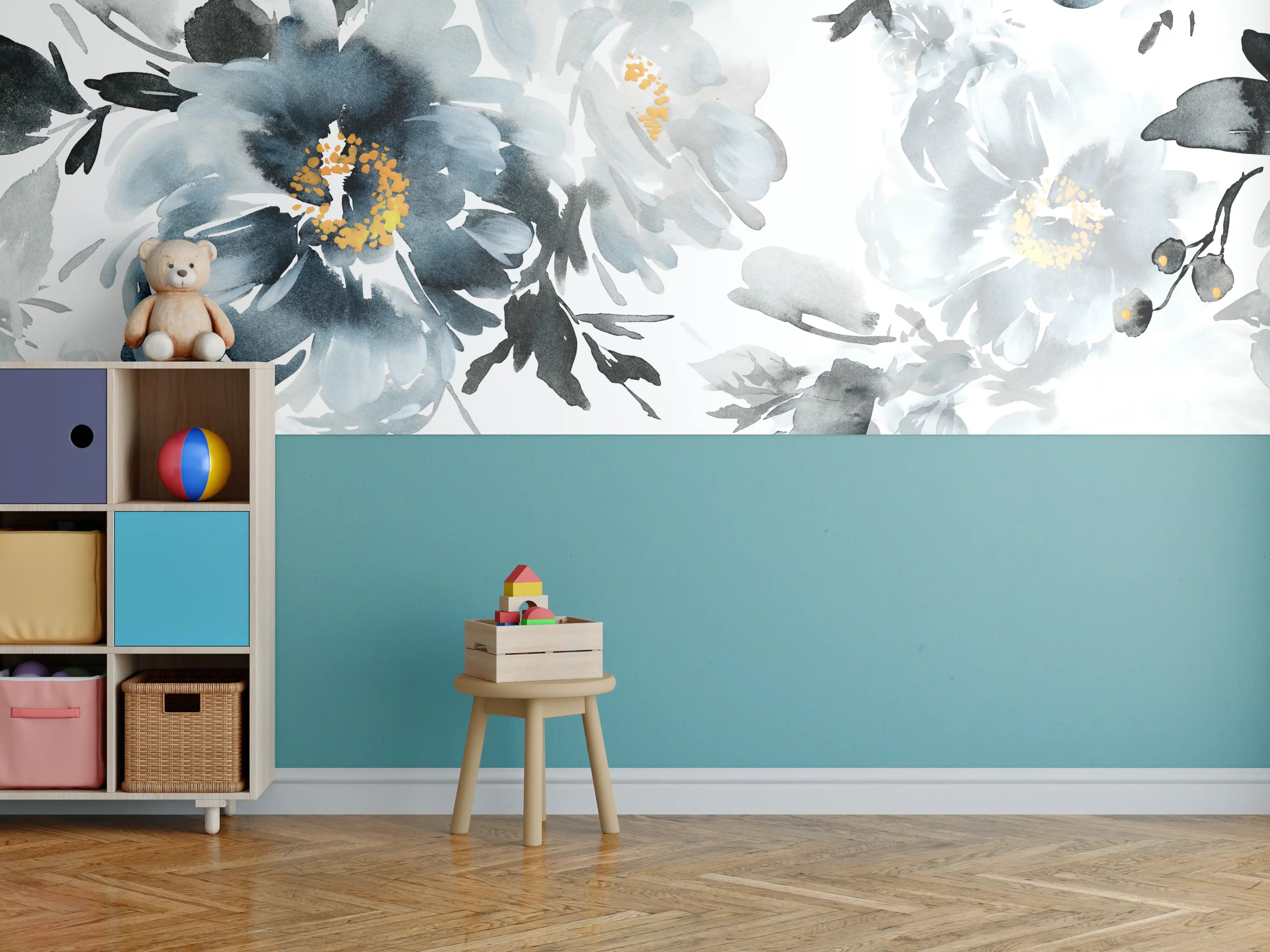 Kinderzimmer Wandgestaltung - Elegante Blaue Blumen Wandgestaltung