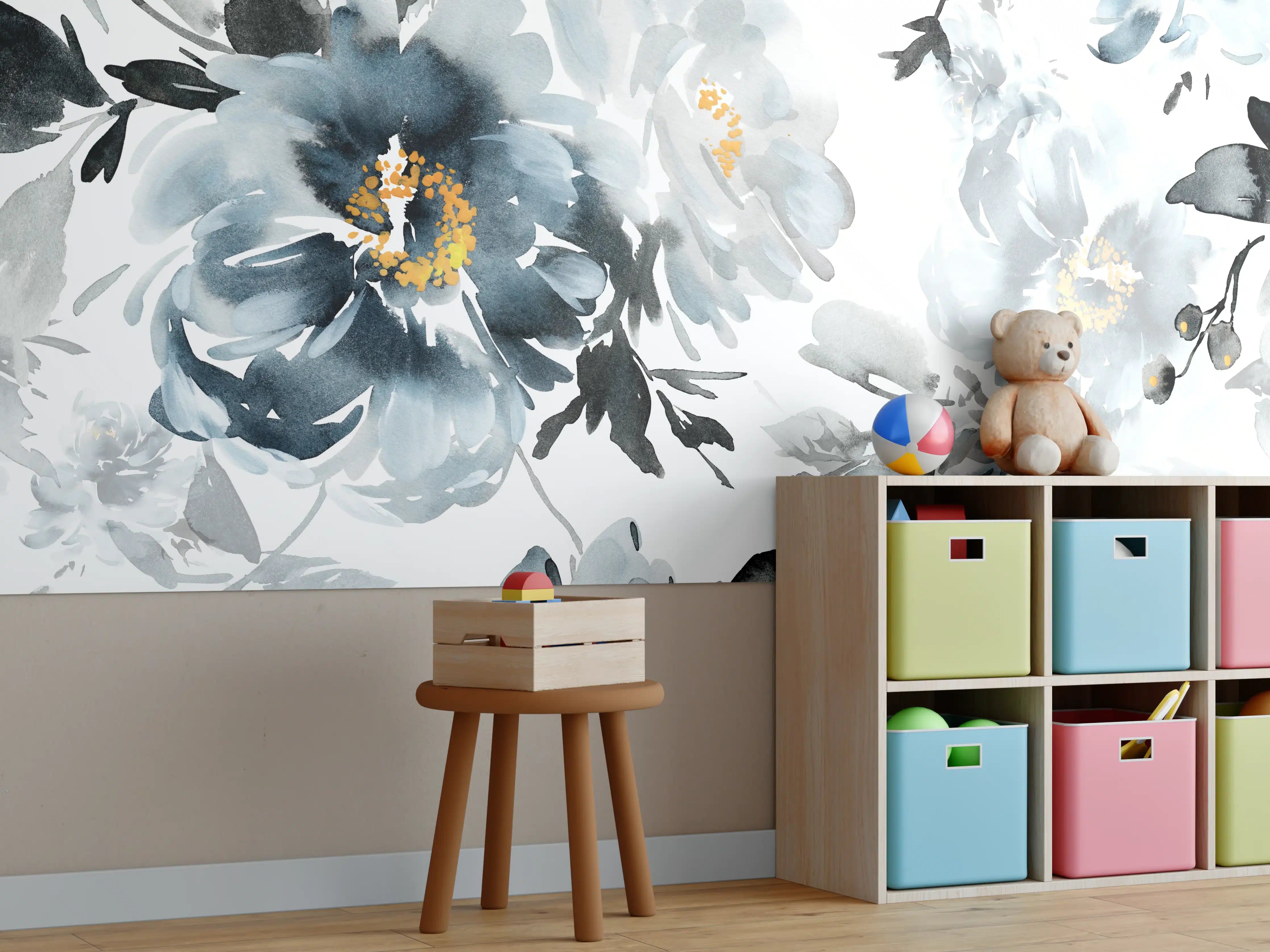Kinderzimmer Wandgestaltung - Elegante Blaue Blumen Wandgestaltung