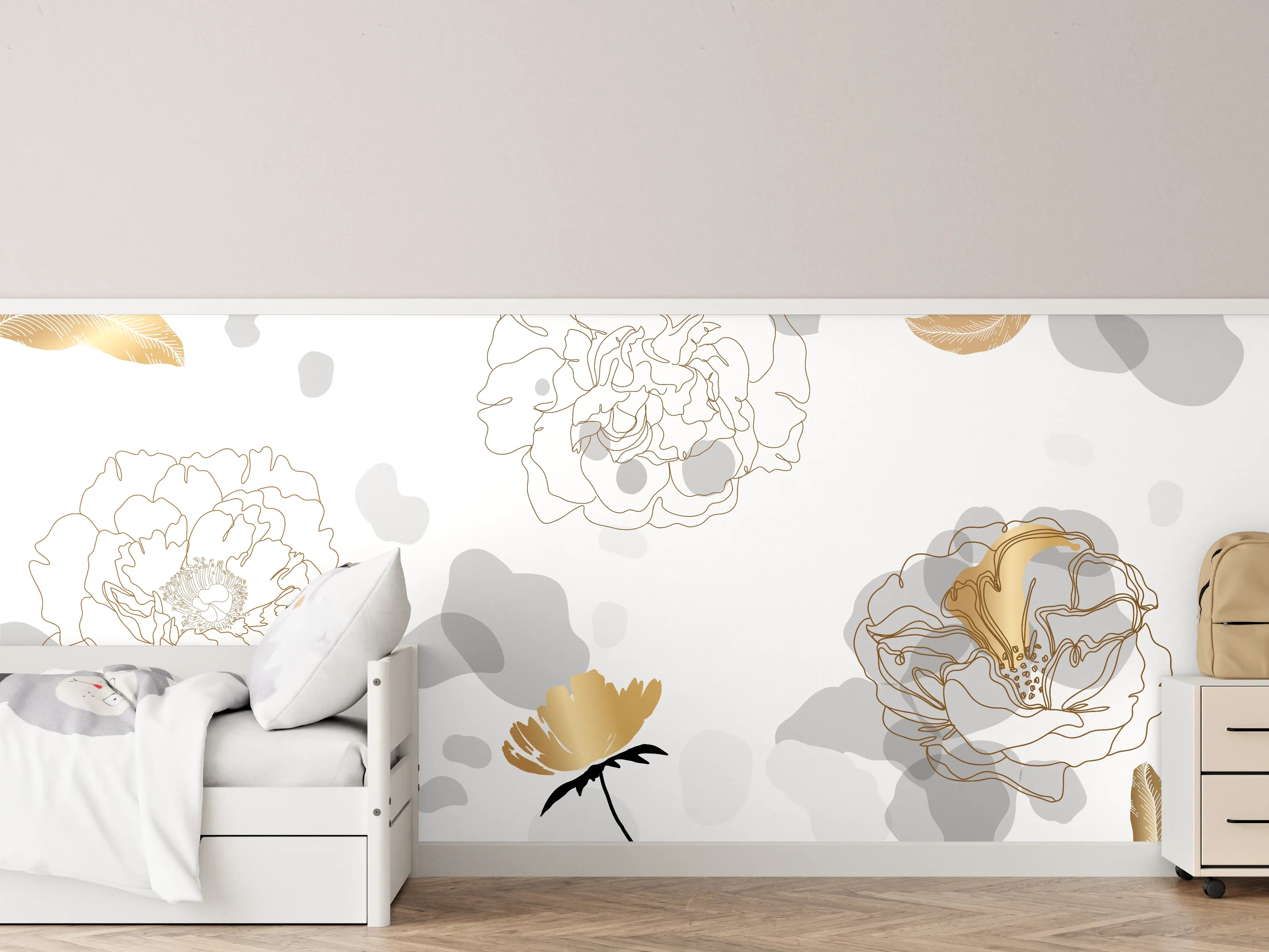 Kinderzimmer Wandgestaltung - Elegante Blüten mit Goldakzenten in neutralen Tönen