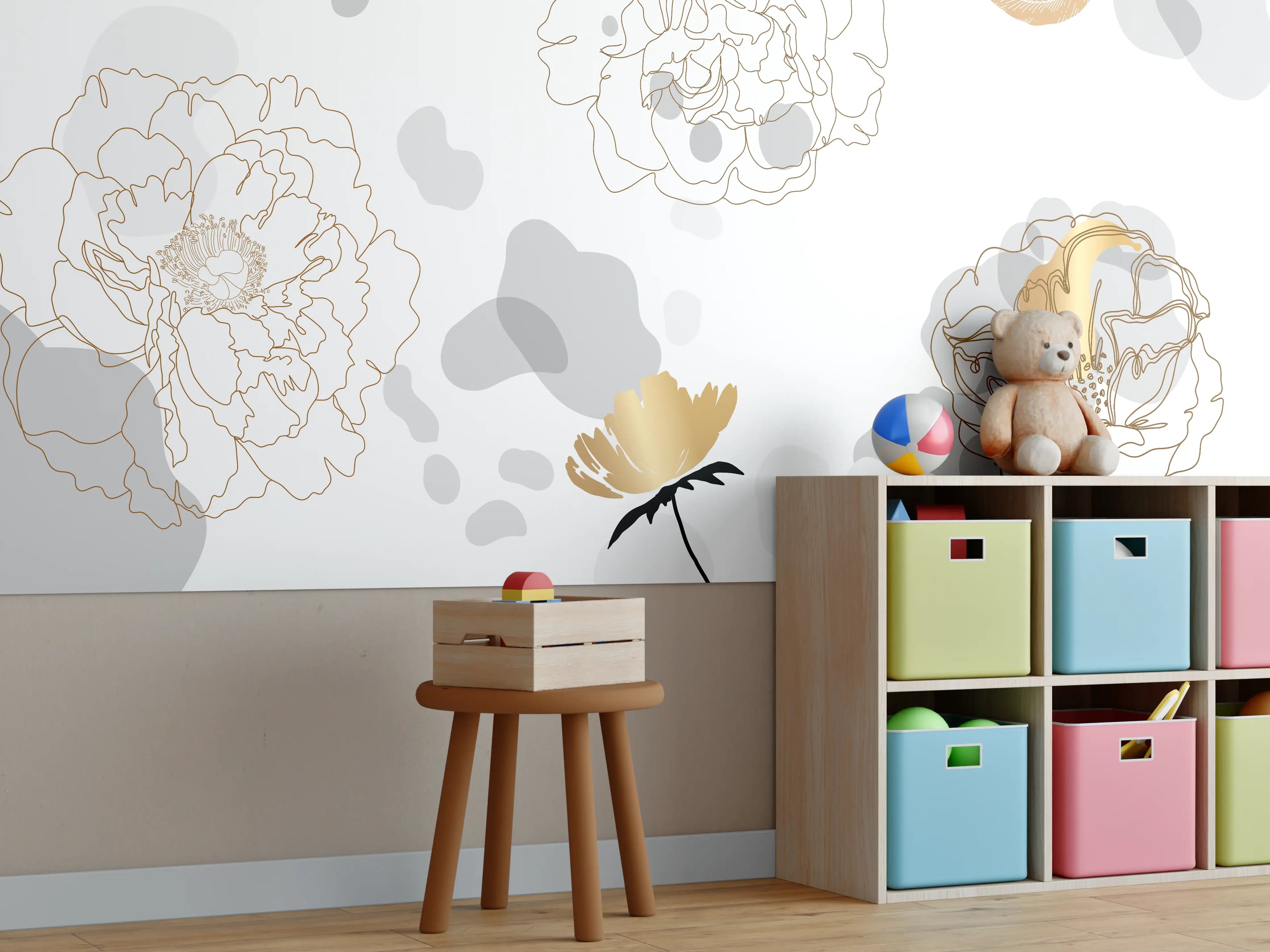 Kinderzimmer Wandgestaltung - Elegante Blüten mit Goldakzenten in neutralen Tönen