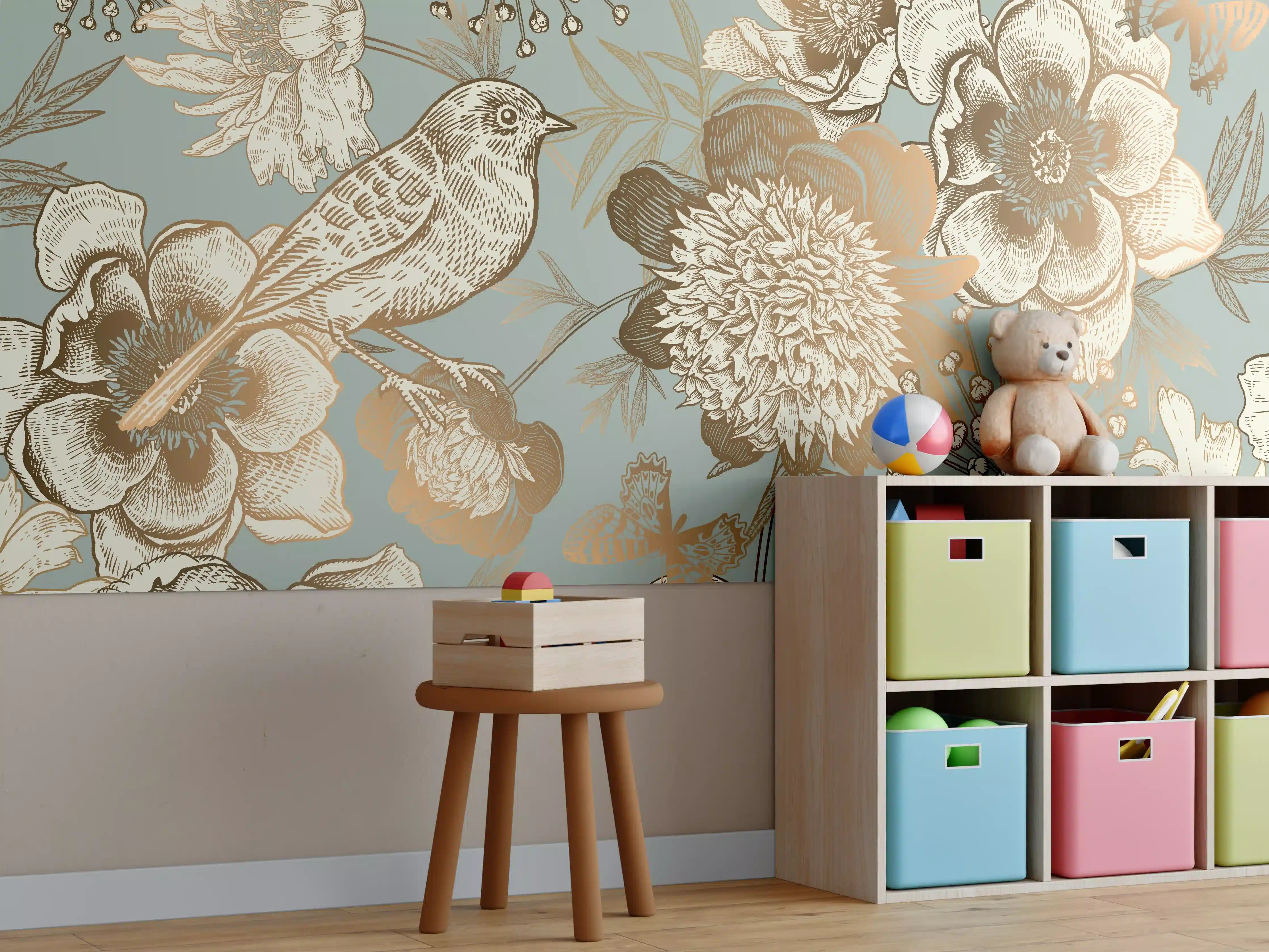 Kinderzimmer Wandgestaltung - Elegante Blütentapete im Retro-Stil