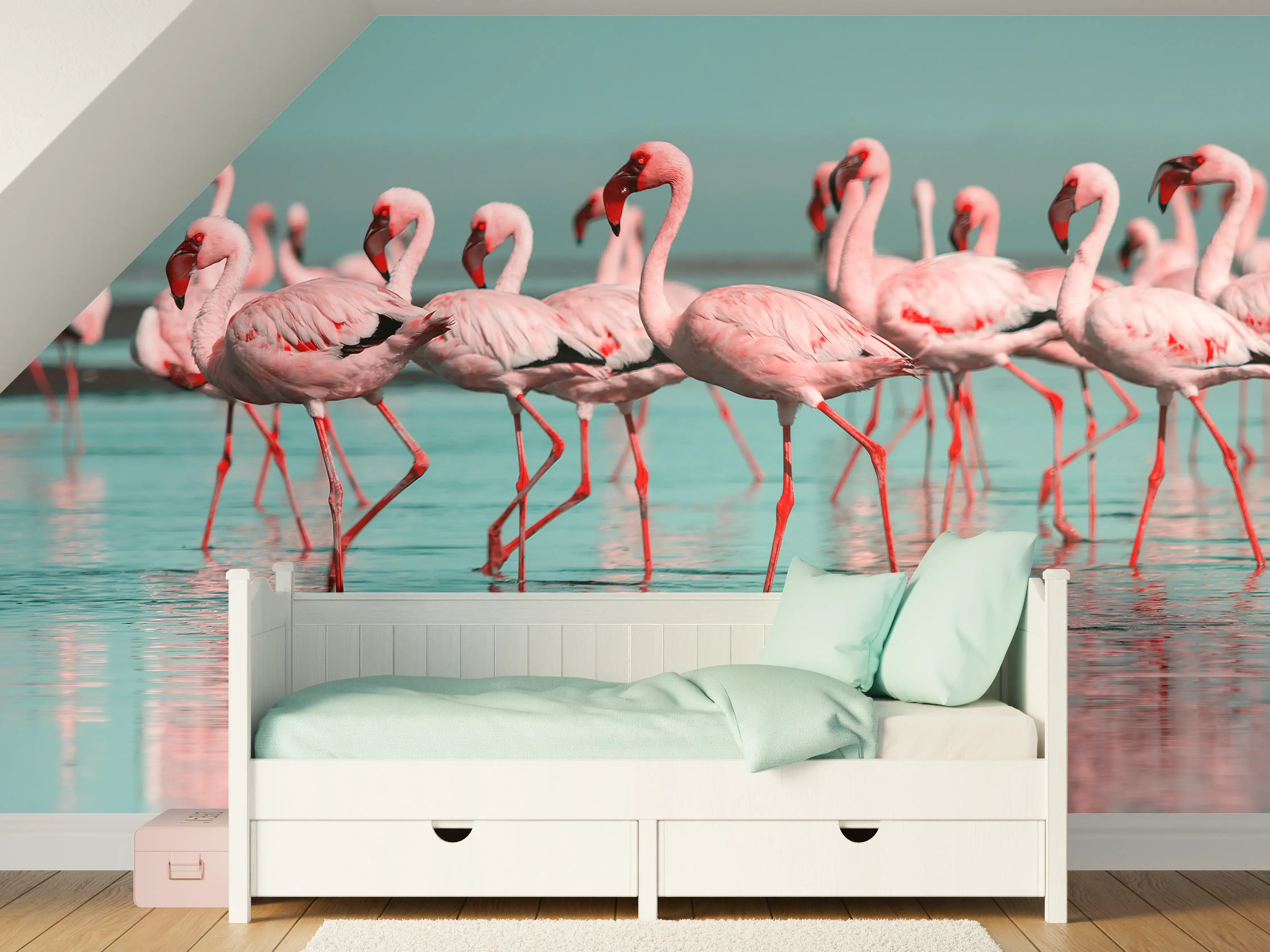 Kinderzimmer Wandgestaltung - Elegante Flamingos auf dem Wasser
