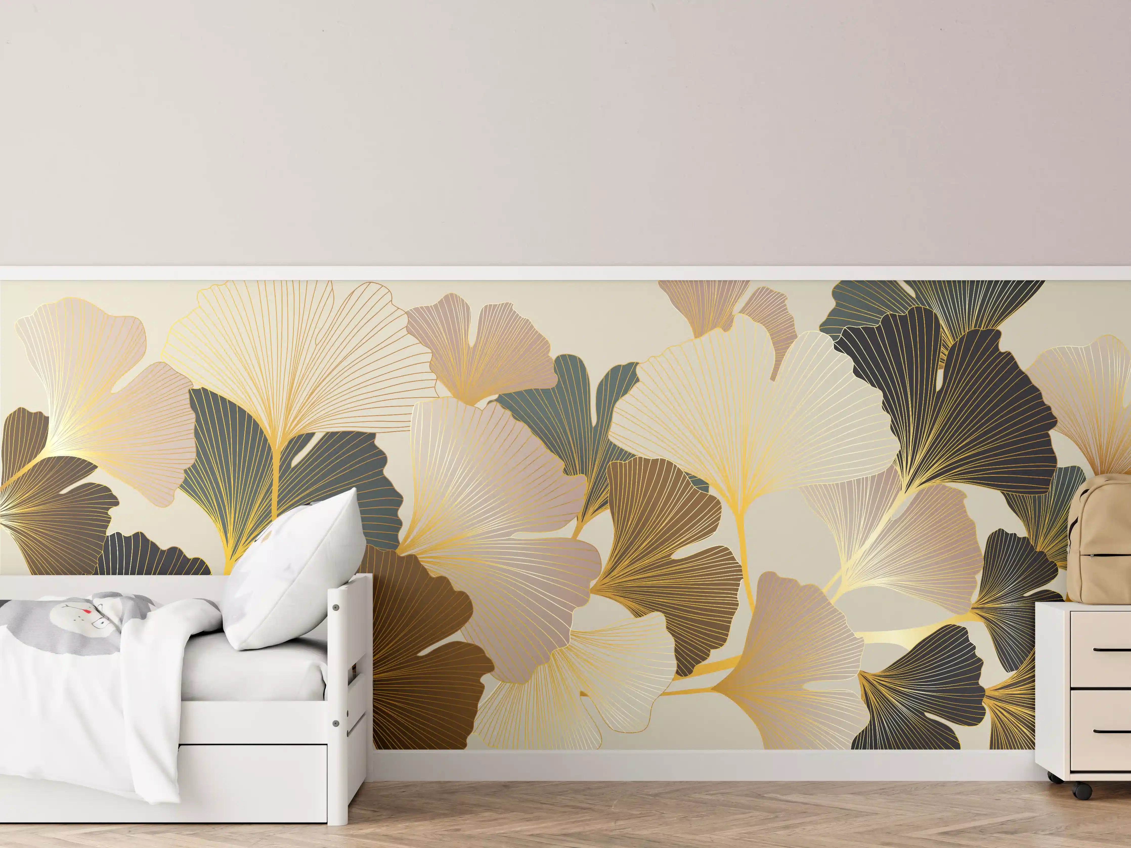 Kinderzimmer Wandgestaltung - Elegante Ginkgo-Blätter in Gold- und Silbertönen