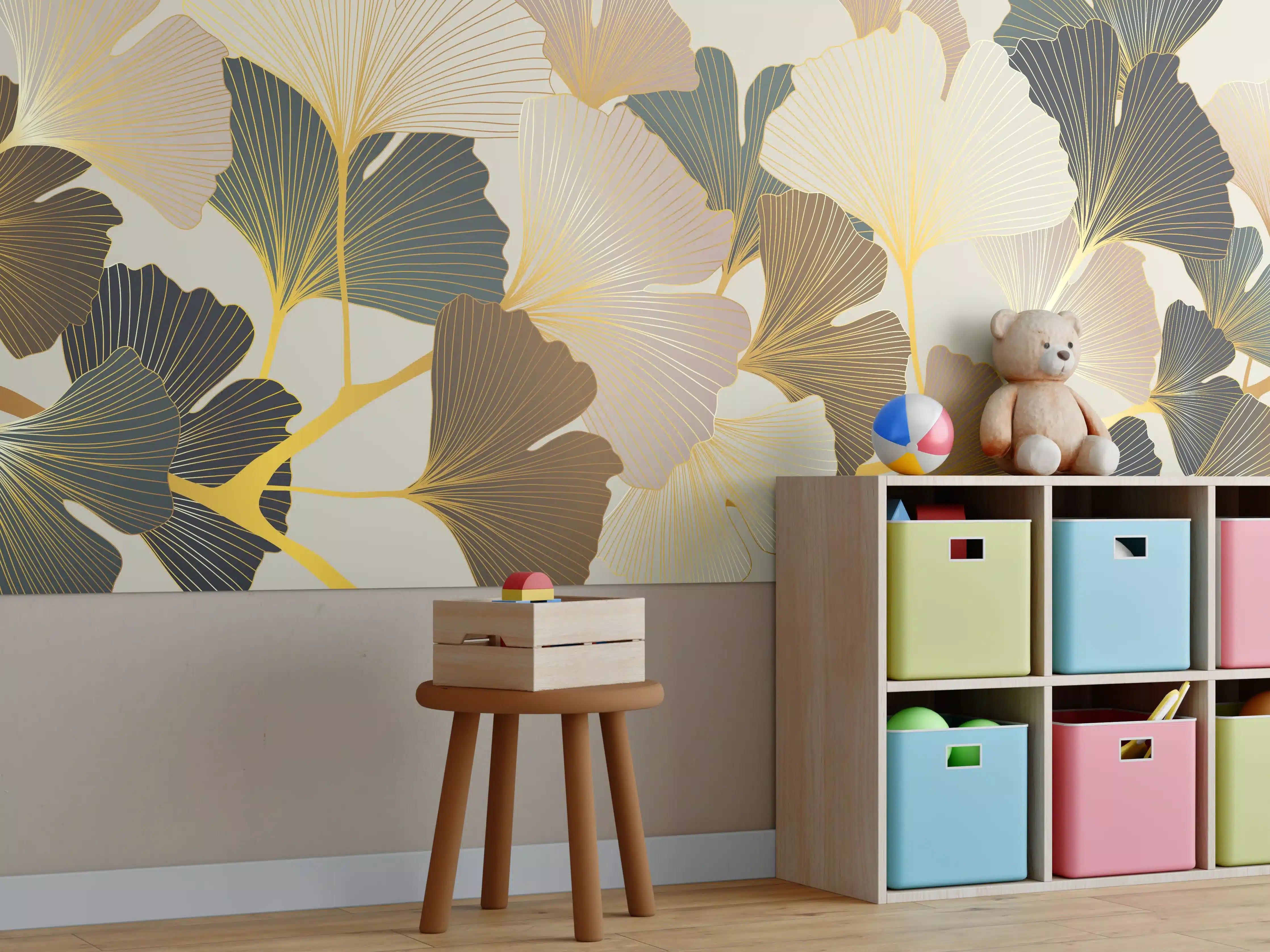 Kinderzimmer Wandgestaltung - Elegante Ginkgo-Blätter in Gold- und Silbertönen
