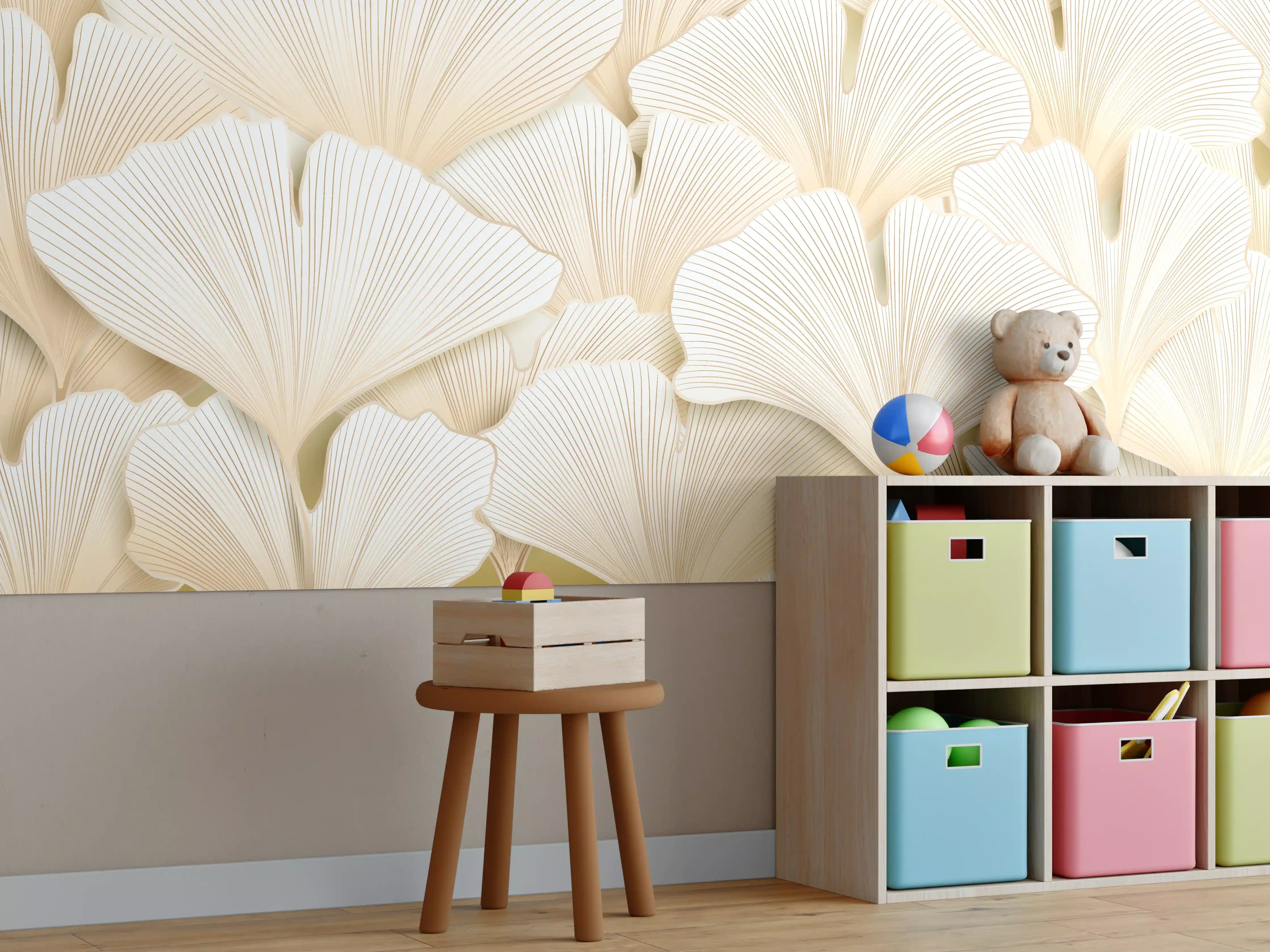Kinderzimmer Wandgestaltung - Elegante Ginkgoblätter in Beige