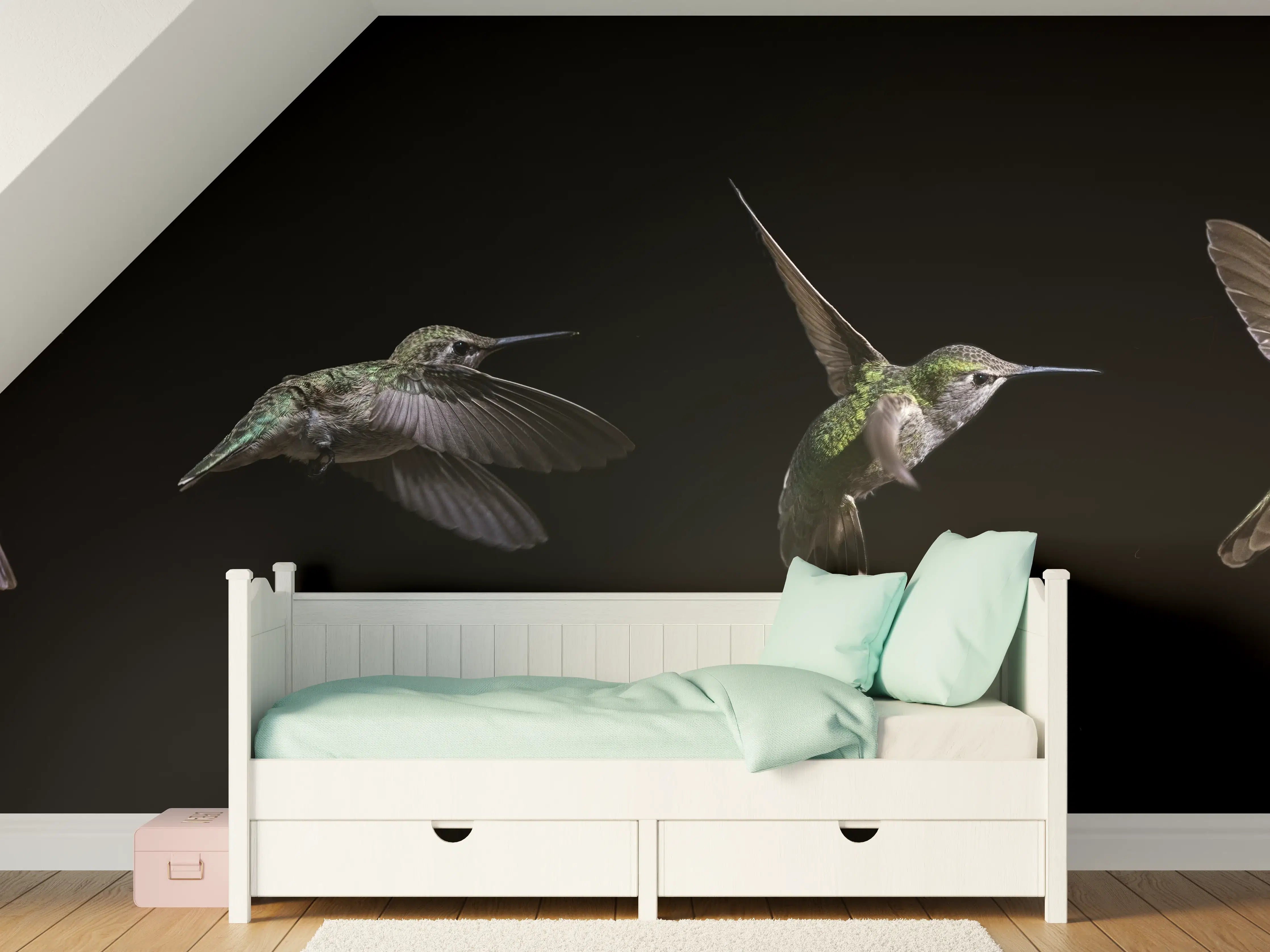Kinderzimmer Wandgestaltung - Elegante Hummingbird-Serie auf schwarzem Hintergrund
