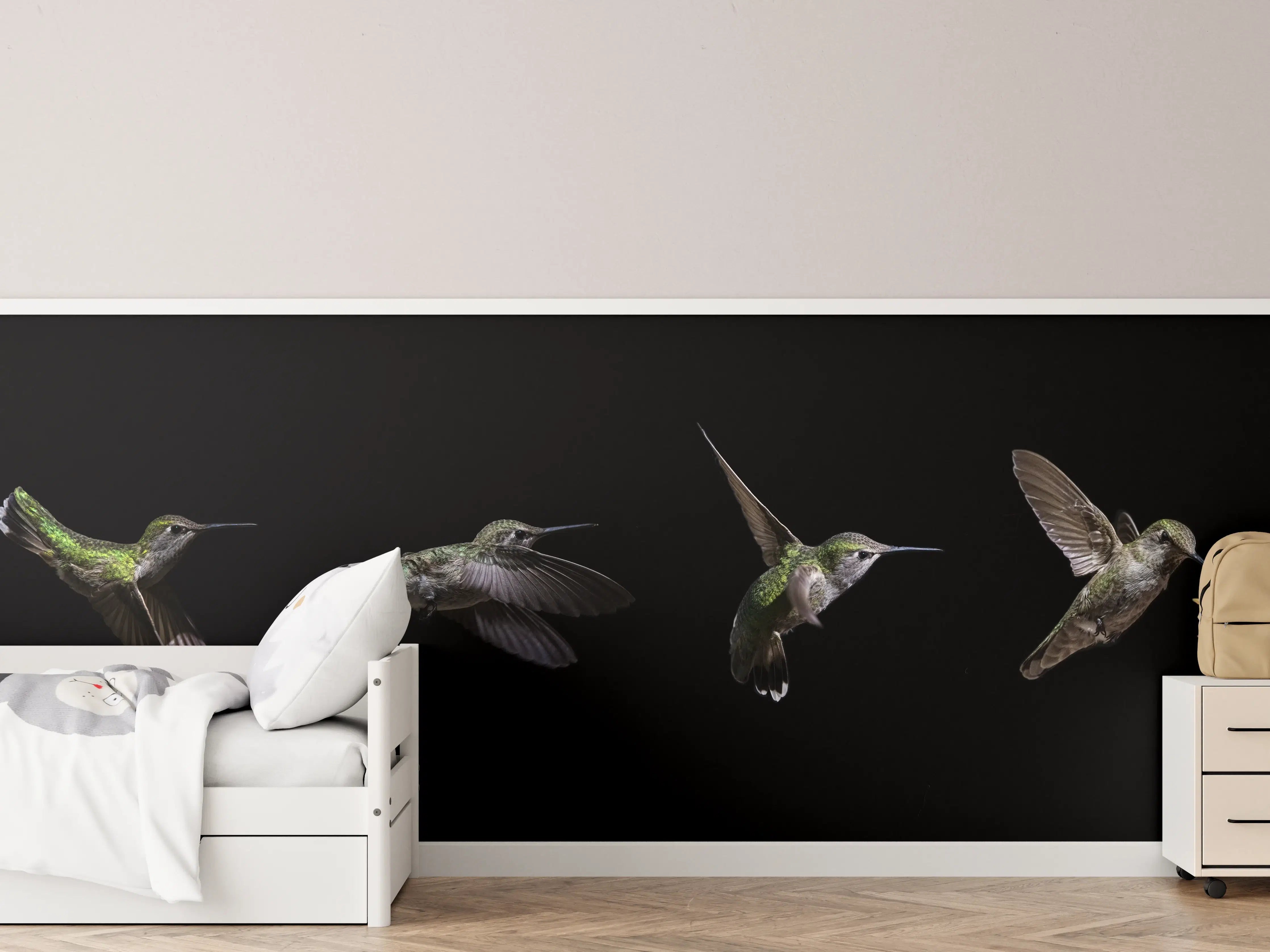 Kinderzimmer Wandgestaltung - Elegante Hummingbird-Serie auf schwarzem Hintergrund