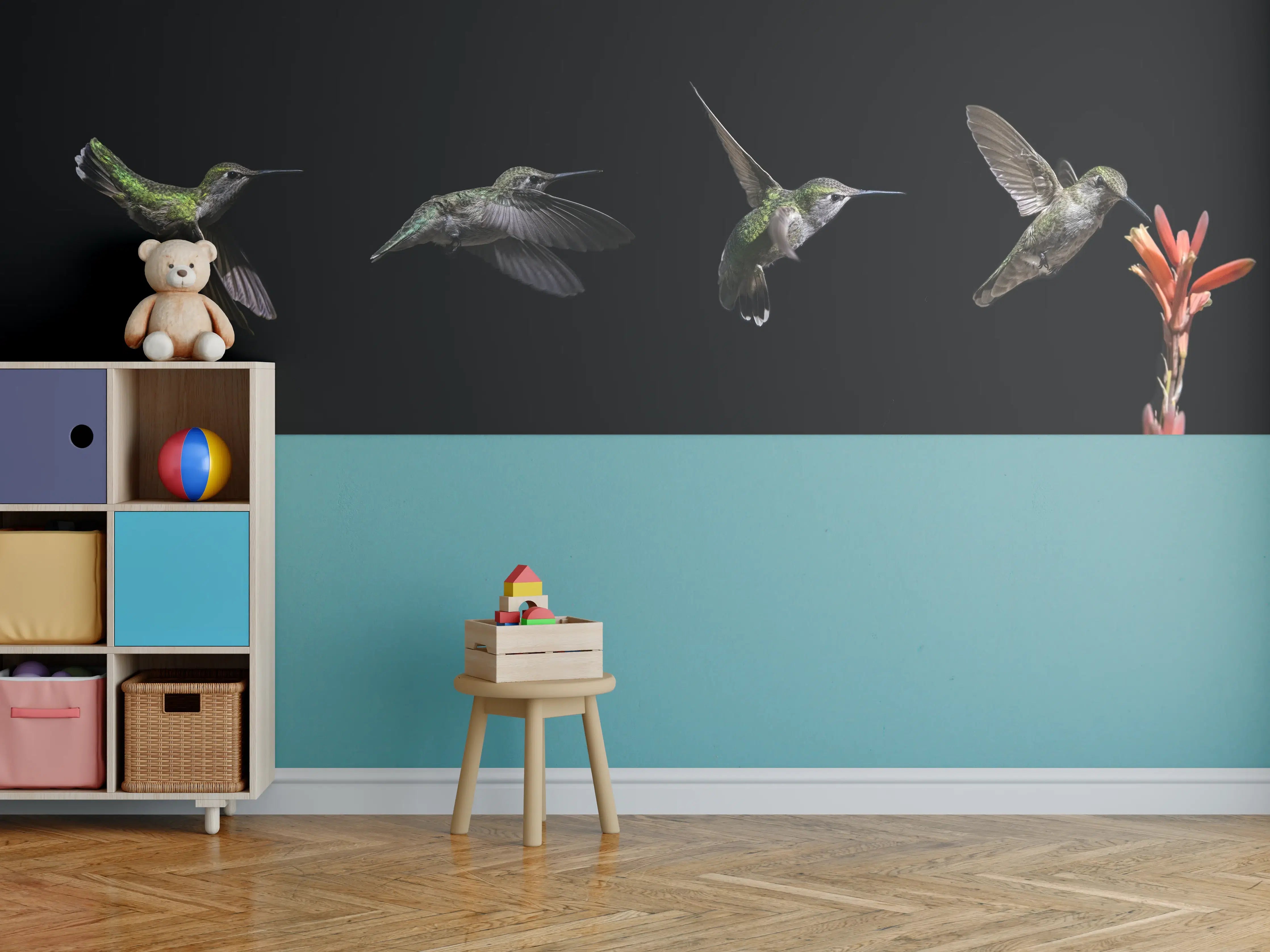 Kinderzimmer Wandgestaltung - Elegante Hummingbird-Serie auf schwarzem Hintergrund