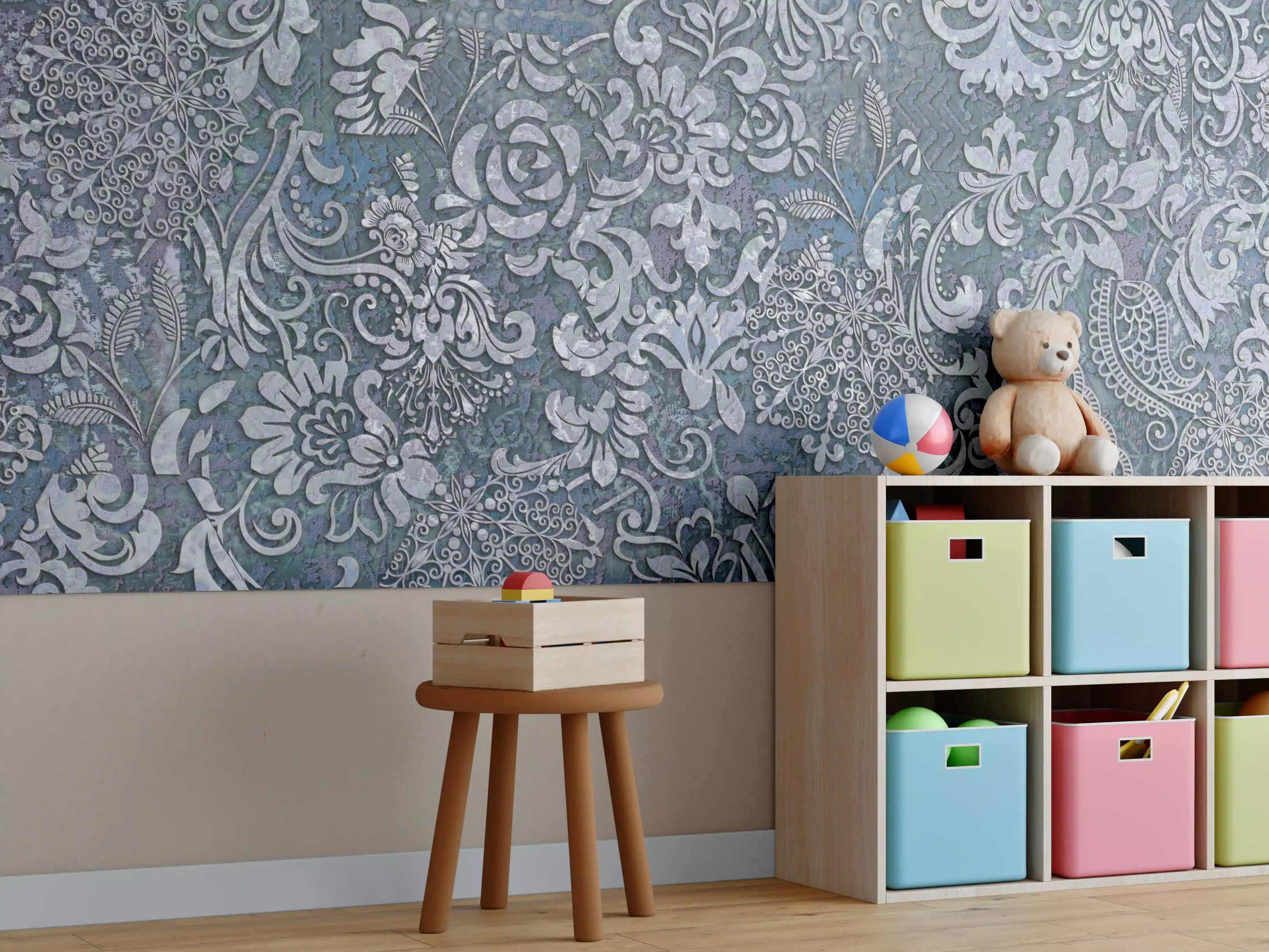 Kinderzimmer Wandgestaltung - Elegante Ikat-Textur in Blau-Grau