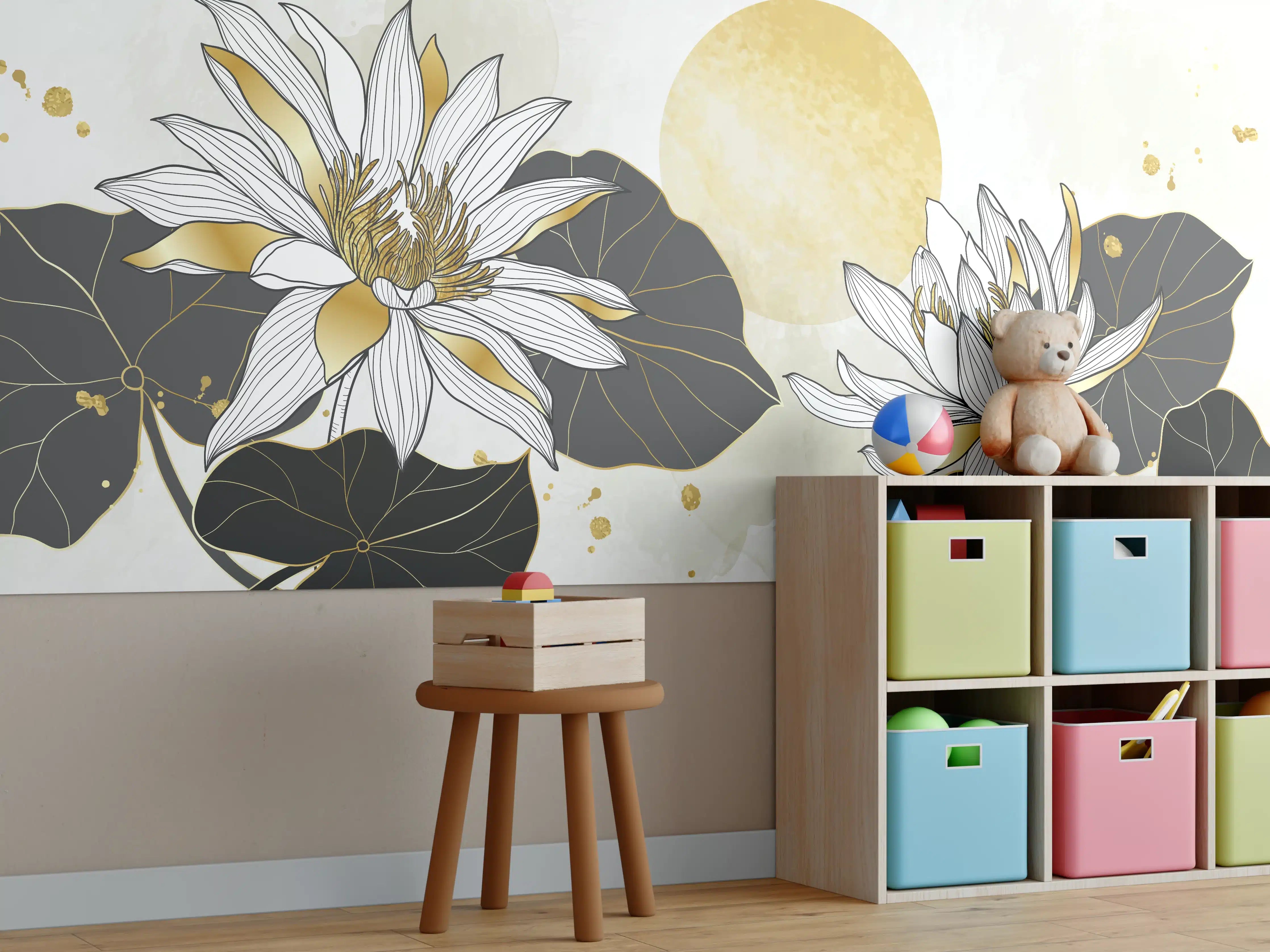 Kinderzimmer Wandgestaltung - Elegante Lotusblumen in Gold und Schwarz