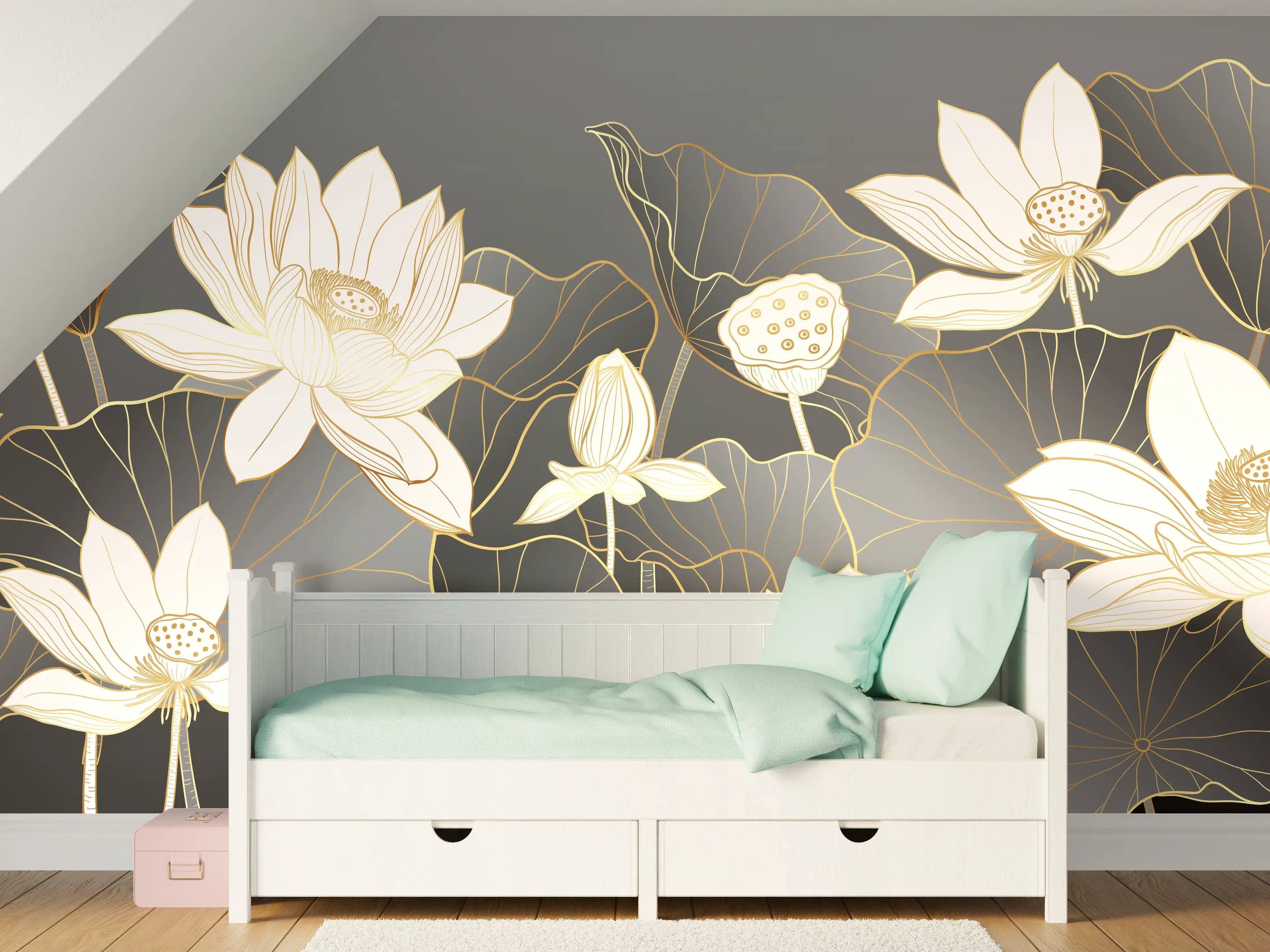 Kinderzimmer Wandgestaltung - Elegante Lotusblumen mit Goldakzenten auf dunklem Hintergrund