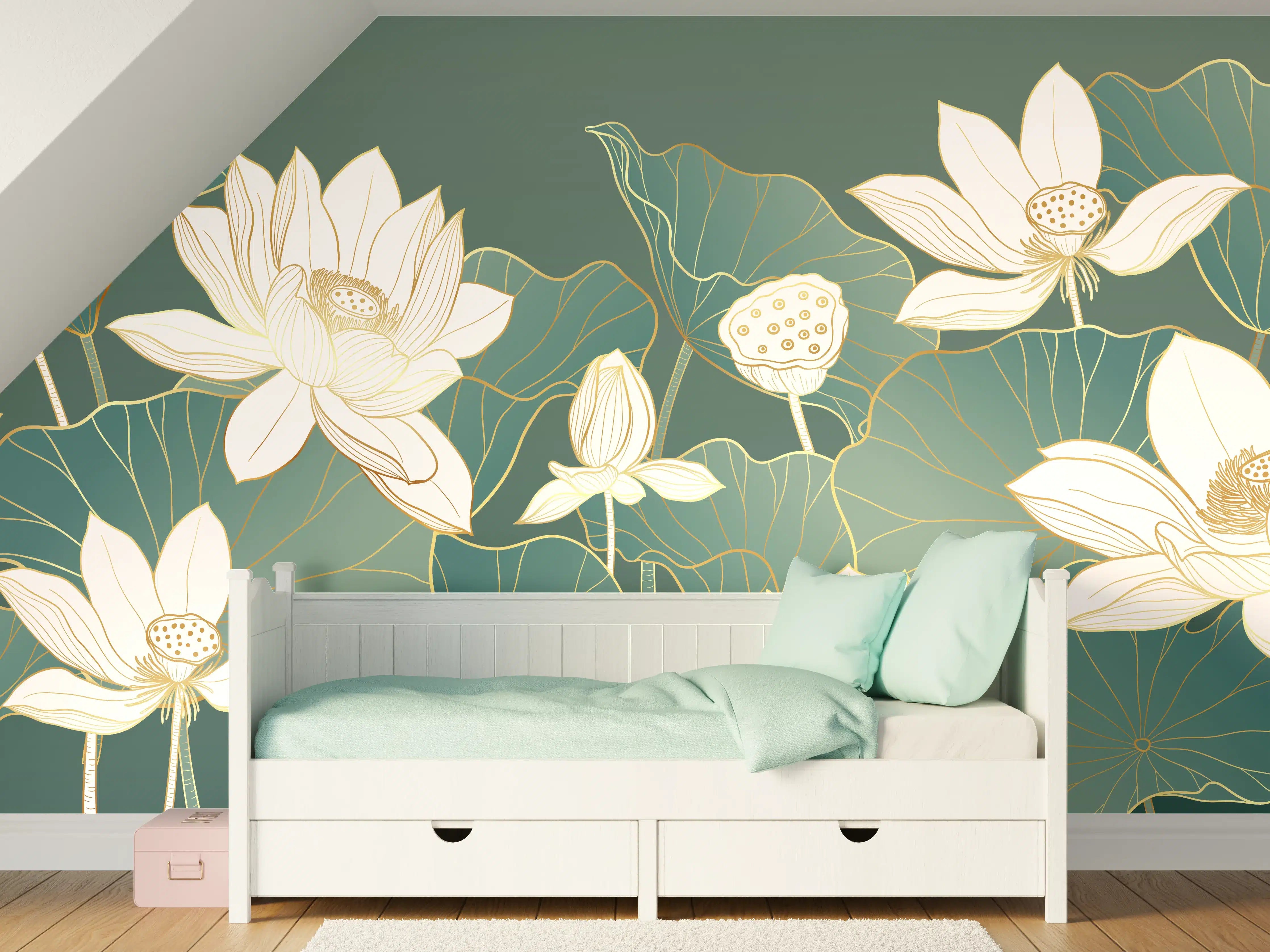 Kinderzimmer Wandgestaltung - Elegante Seerosen in Grün und Weiß
