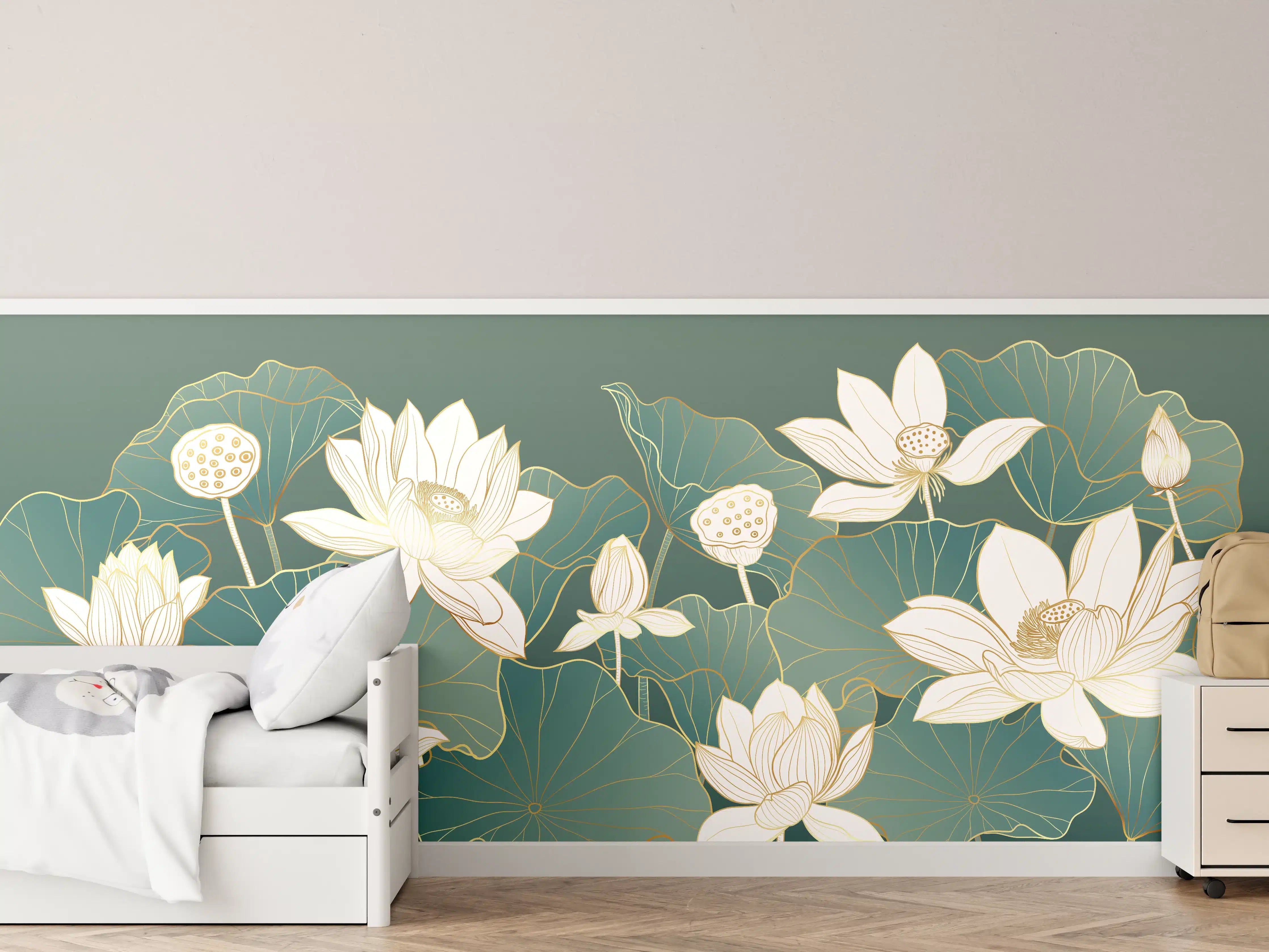 Kinderzimmer Wandgestaltung - Elegante Seerosen in Grün und Weiß