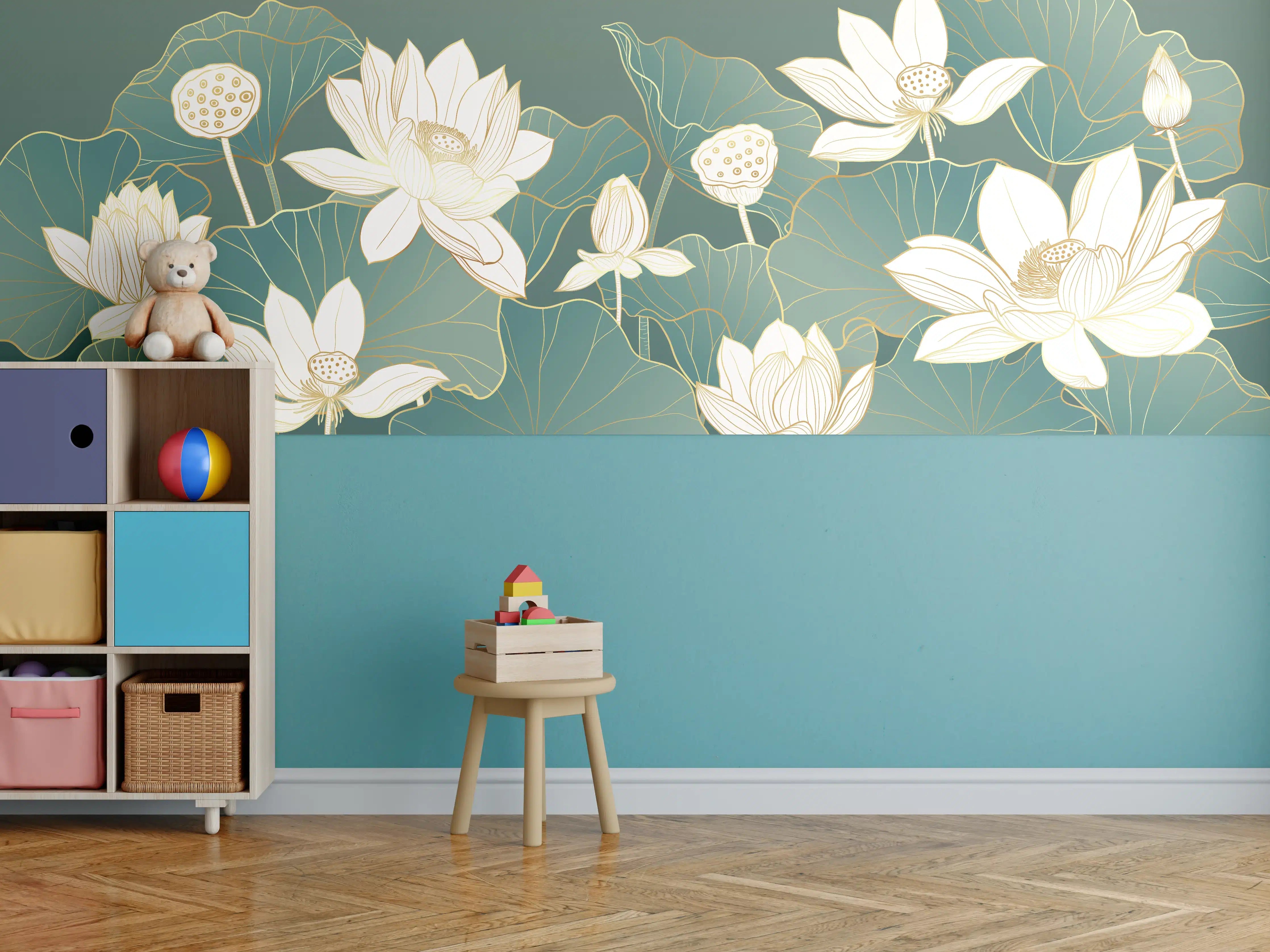 Kinderzimmer Wandgestaltung - Elegante Seerosen in Grün und Weiß