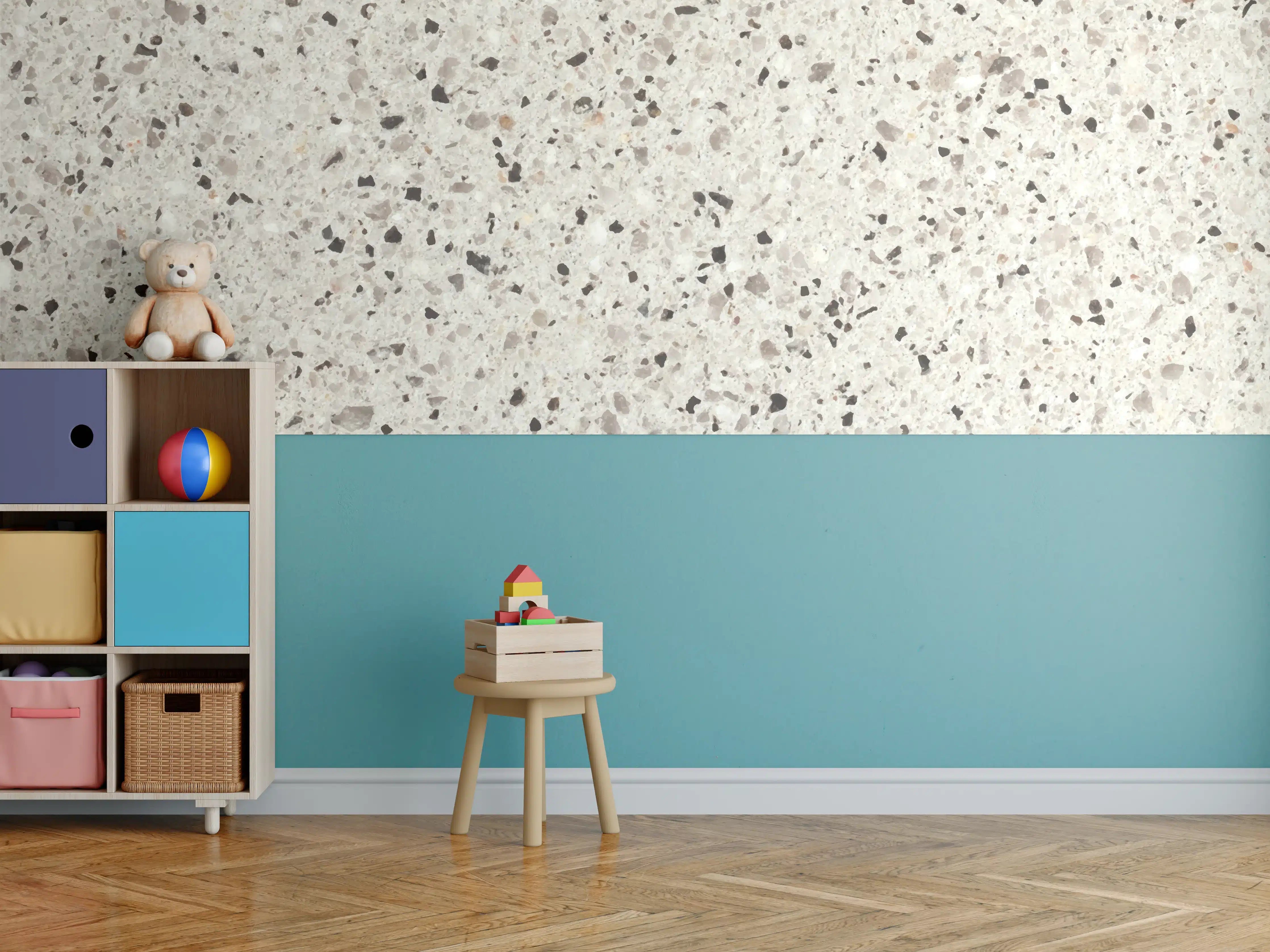 Kinderzimmer Wandgestaltung - Elegante Weiß-Grau Terrazzo-Optik