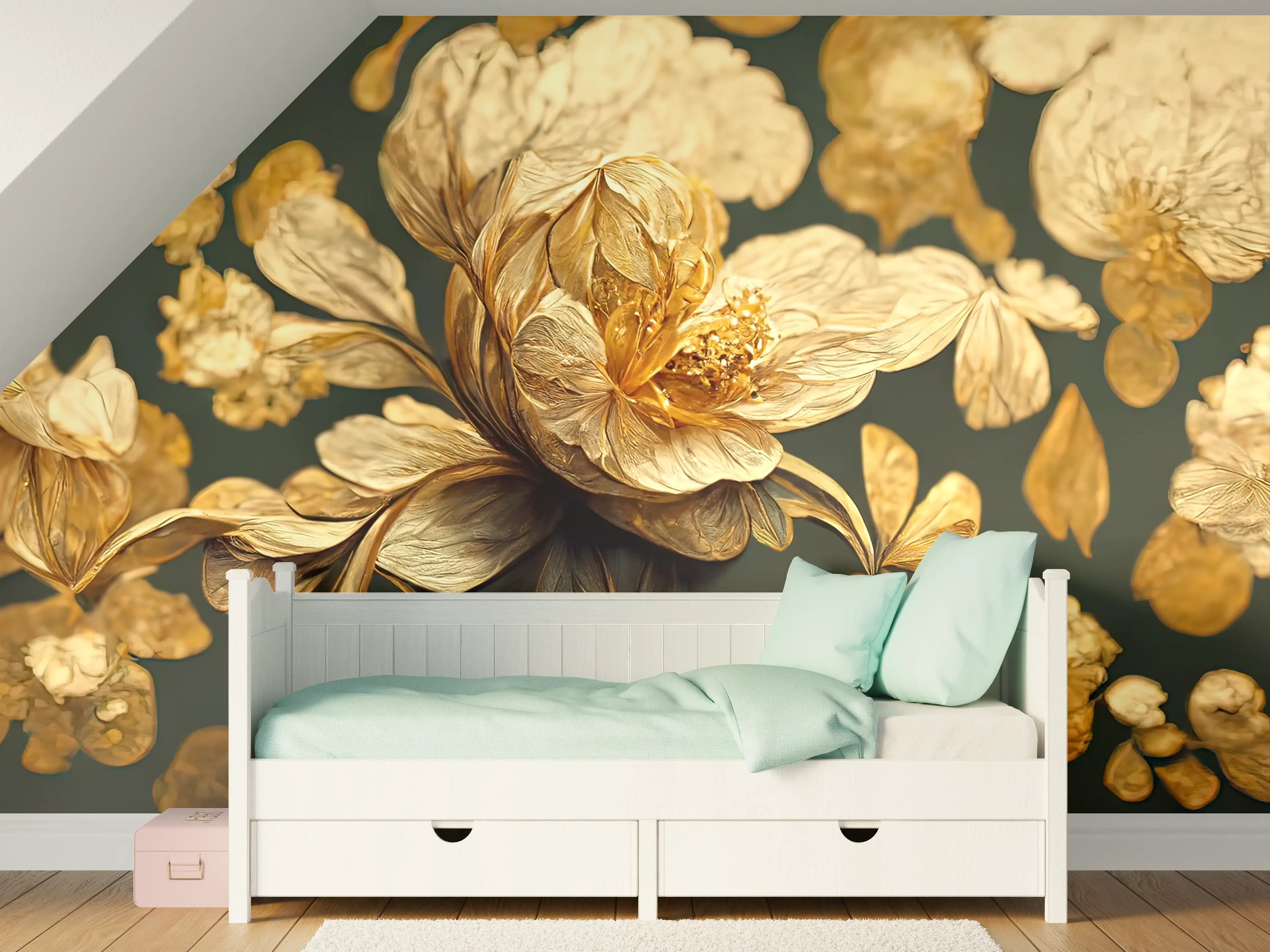 Kinderzimmer Wandgestaltung - Elegante goldene Blumen auf dunklem Hintergrund