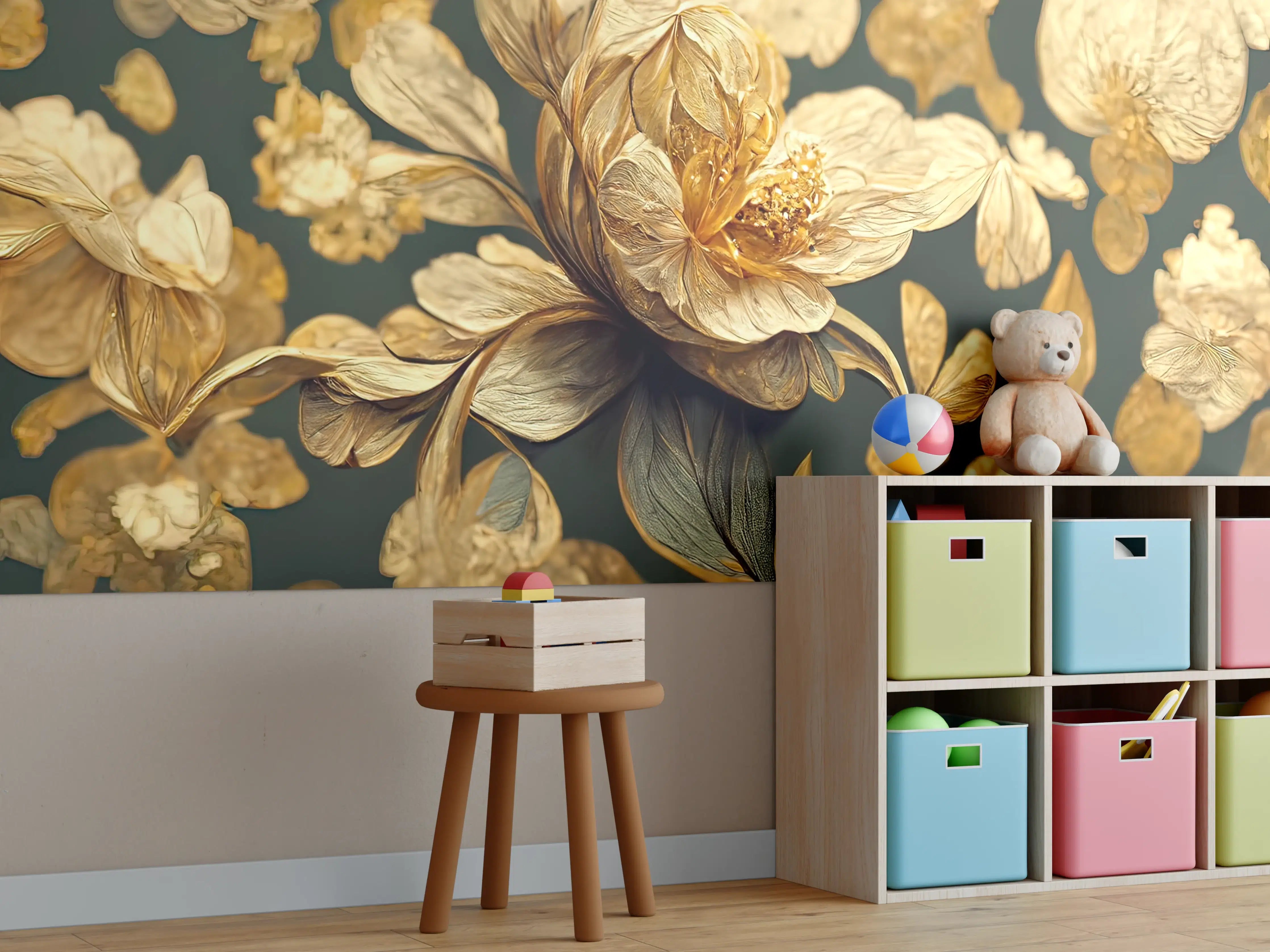 Kinderzimmer Wandgestaltung - Elegante goldene Blumen auf dunklem Hintergrund