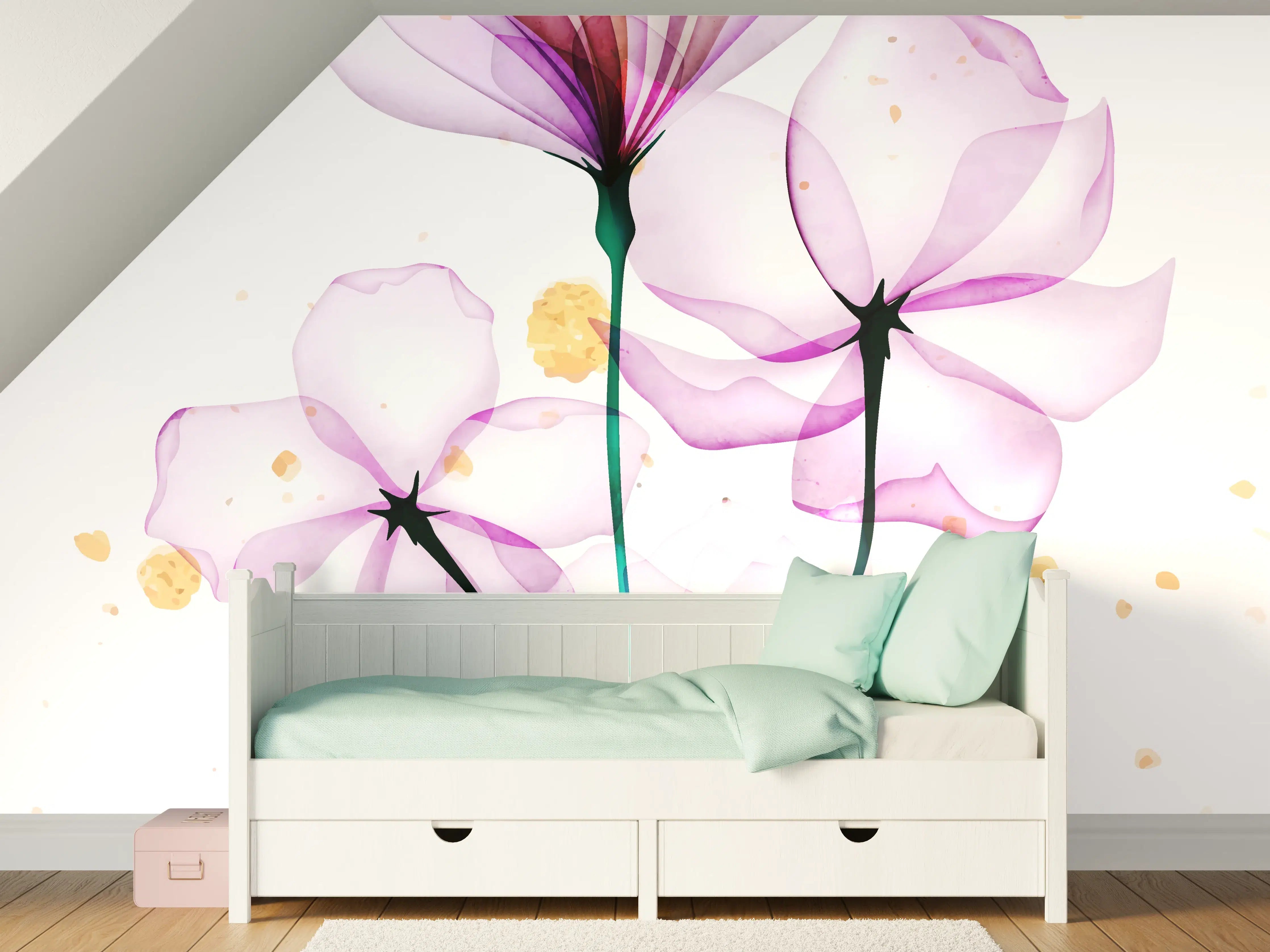 Kinderzimmer Wandgestaltung - Elegante lilafarbene Blumenillustration