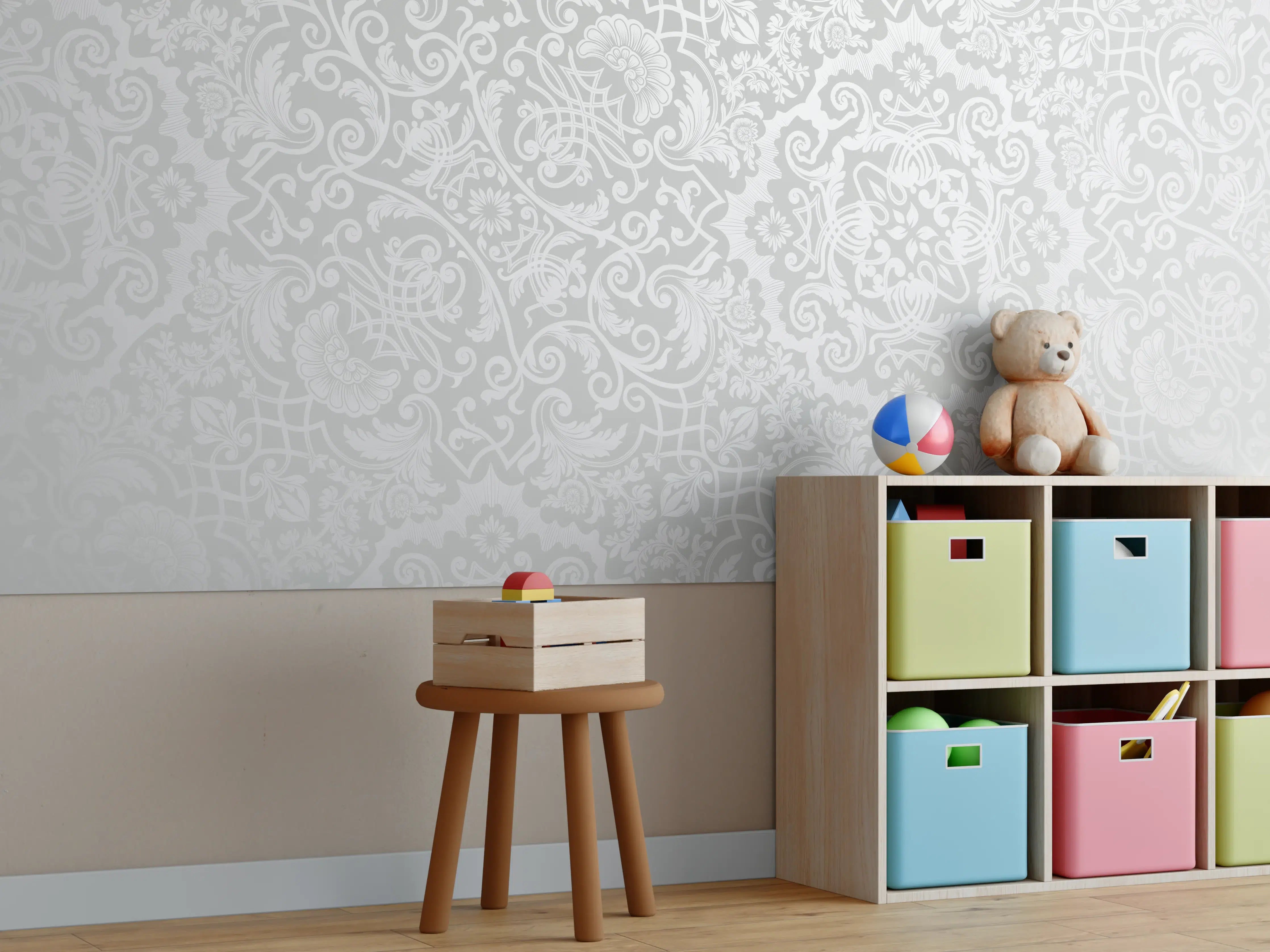 Kinderzimmer Wandgestaltung - Elegante weiß-graue Tapetenstruktur