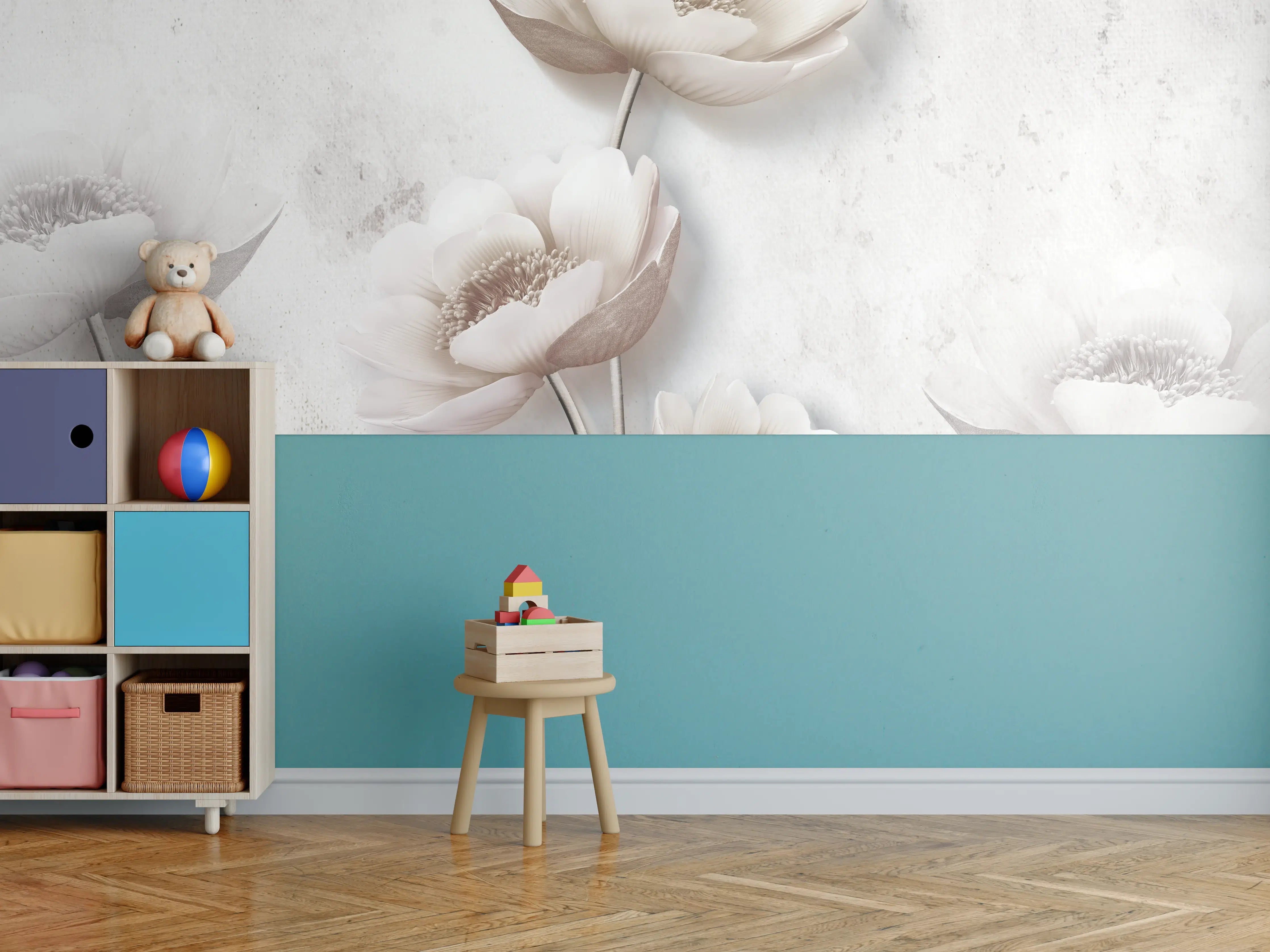 Kinderzimmer Wandgestaltung - Elegante weiße Blumen im Aquarell-Stil