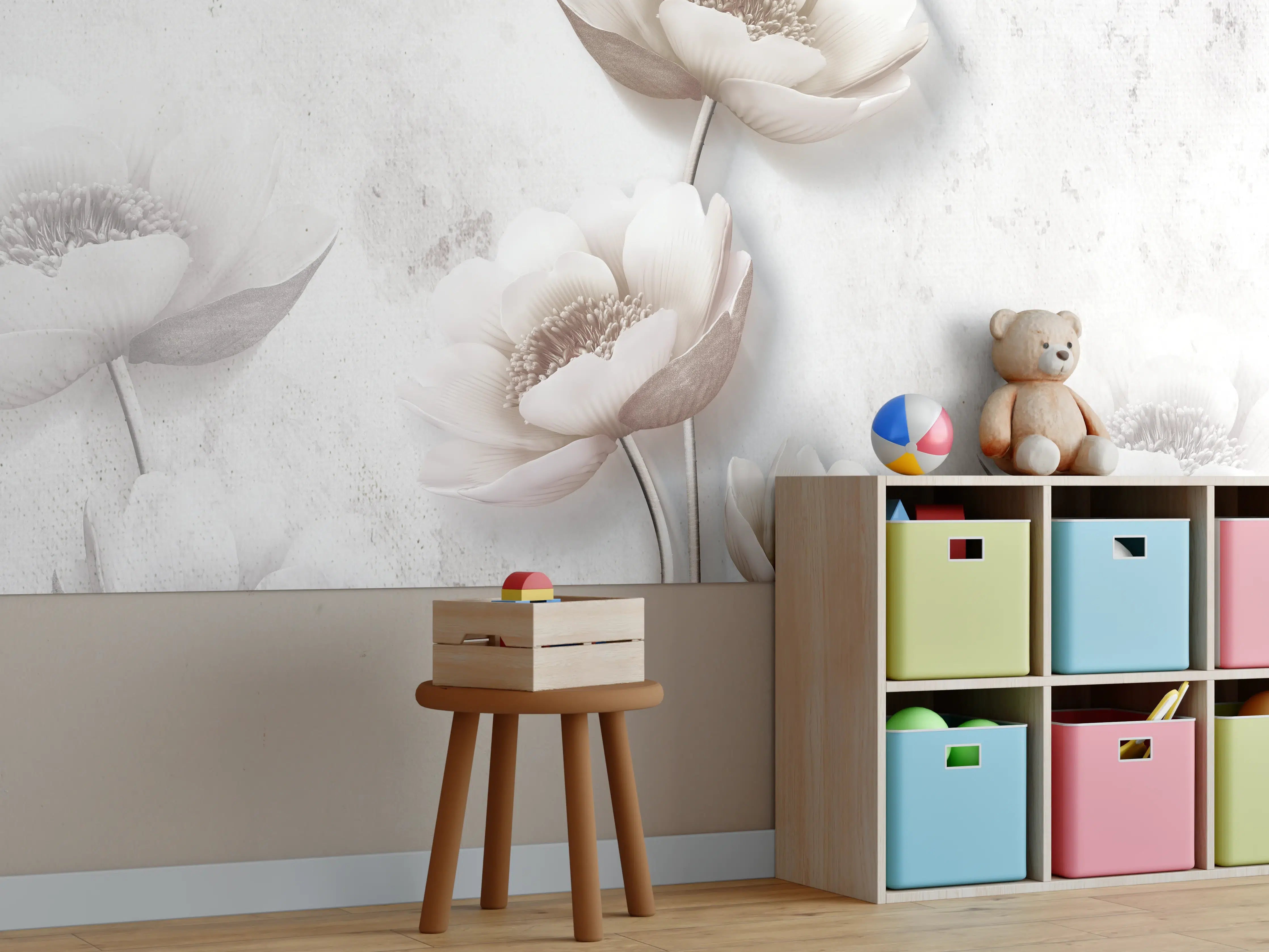Kinderzimmer Wandgestaltung - Elegante weiße Blumen im Aquarell-Stil